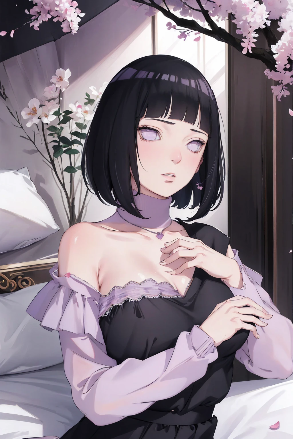 { - anatomy error} (Masterpiece - Ultra-detailed, very high resolution) (huge titusty, masterpiece, absurdres, hinata\(boruto\), 1girl, solo,mature female, off-shoulder bra, high waist black short skirt, looking at viewelling petals), perfect composition, detailed lips, big breast, beautiful face, body propotion, blush, (pink lips), short hair, (black hair), purple eyes, soft gaze, super realistic, detailed, photoshoot, realistic face and body, closed mouth, laying on the bed , lilac eyes, upperbody, lace clothes, with chin resting on shoulder, perfect fingers
