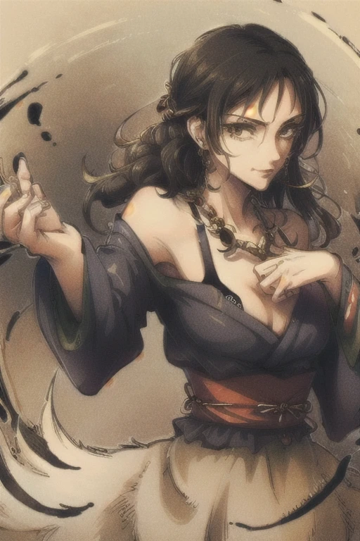 ((best quality)), ((masterpiece)), (detailed), perfect face, full body,fighting_stance, cursed energy. looking at viewer,smile,nudef, brown hair, brown eyes, long hair, looking at viewer, solo, upper body, closed mouth, small breasts, kimono, fighting, red cursed energy, determined look
