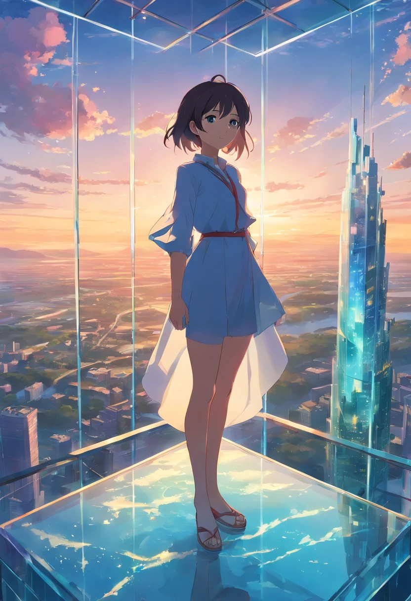 A girl stands on a glass tower in a surreal landscape
