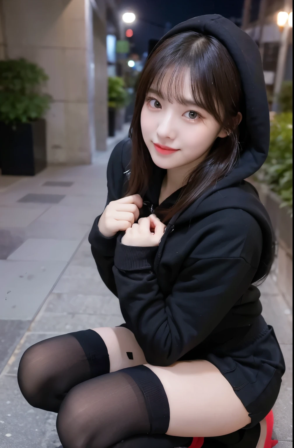 (8K), (highest quality: 1.2), (realistic), (realistic: 1.37), ultra high resolution, 1 girl, cute, smile, closed mouth, thick lips,red lip,beautiful details, beautiful nose, (straight black hair), giant dulcefo, Self snap,(University Student Uniform:1.2),(Black oversized hoodie:1.2),(pleated skirt:1.2),(Opaque over-the-knee socks:1.3),Squatting in the city at night, From above,close up on face,
