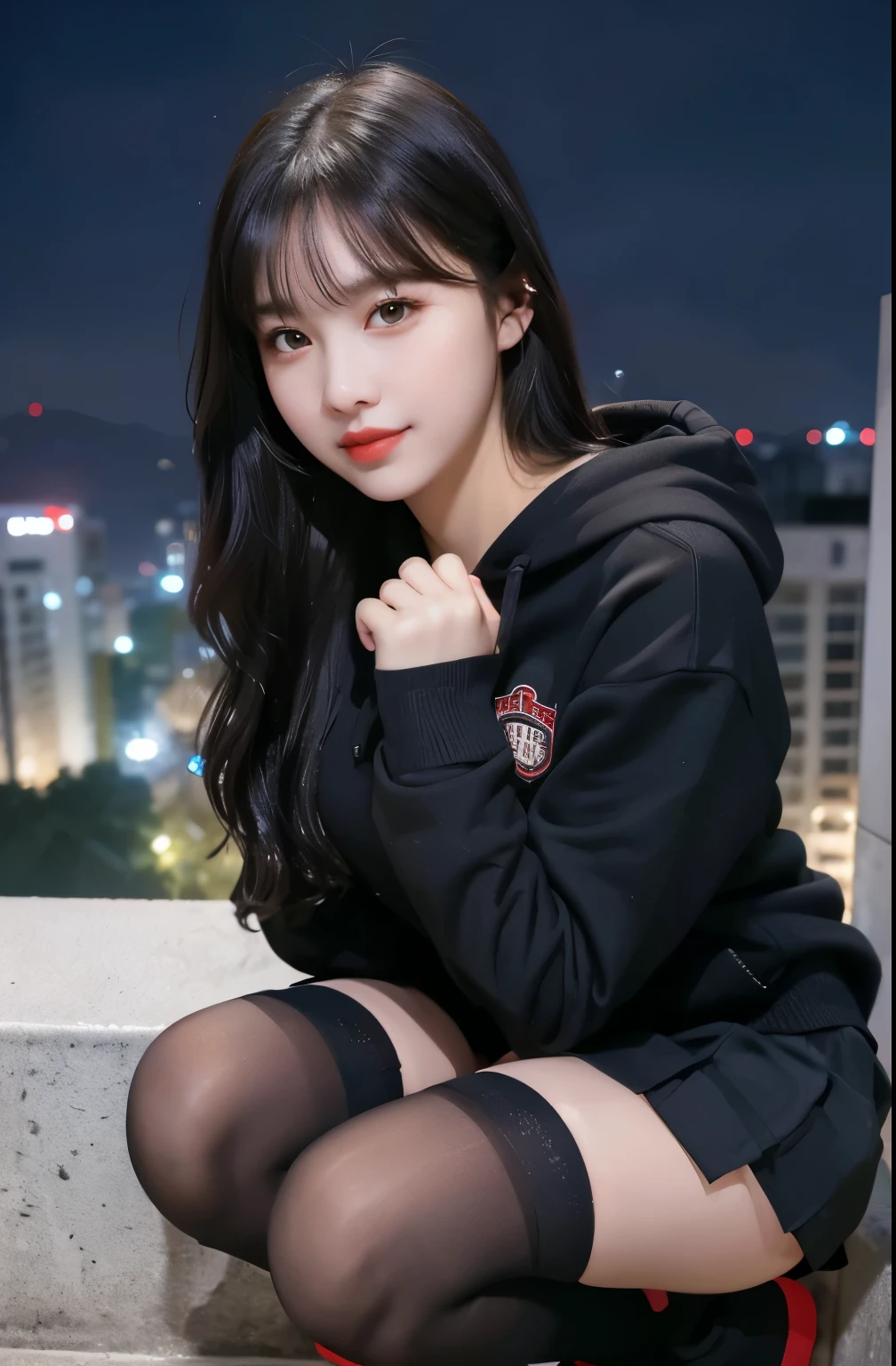 (8K), (highest quality: 1.2), (realistic), (realistic: 1.37), ultra high resolution, 1 girl, cute, smile, closed mouth, thick lips,red lip,beautiful details, beautiful nose, (straight black hair), giant dulcefo, Self snap,(University Student Uniform:1.2),(Black oversized hoodie:1.2),(school uniform pleated skirt:1.2),(Opaque over-the-knee socks:1.3),Squatting in the city at night, From above,close up on face,
