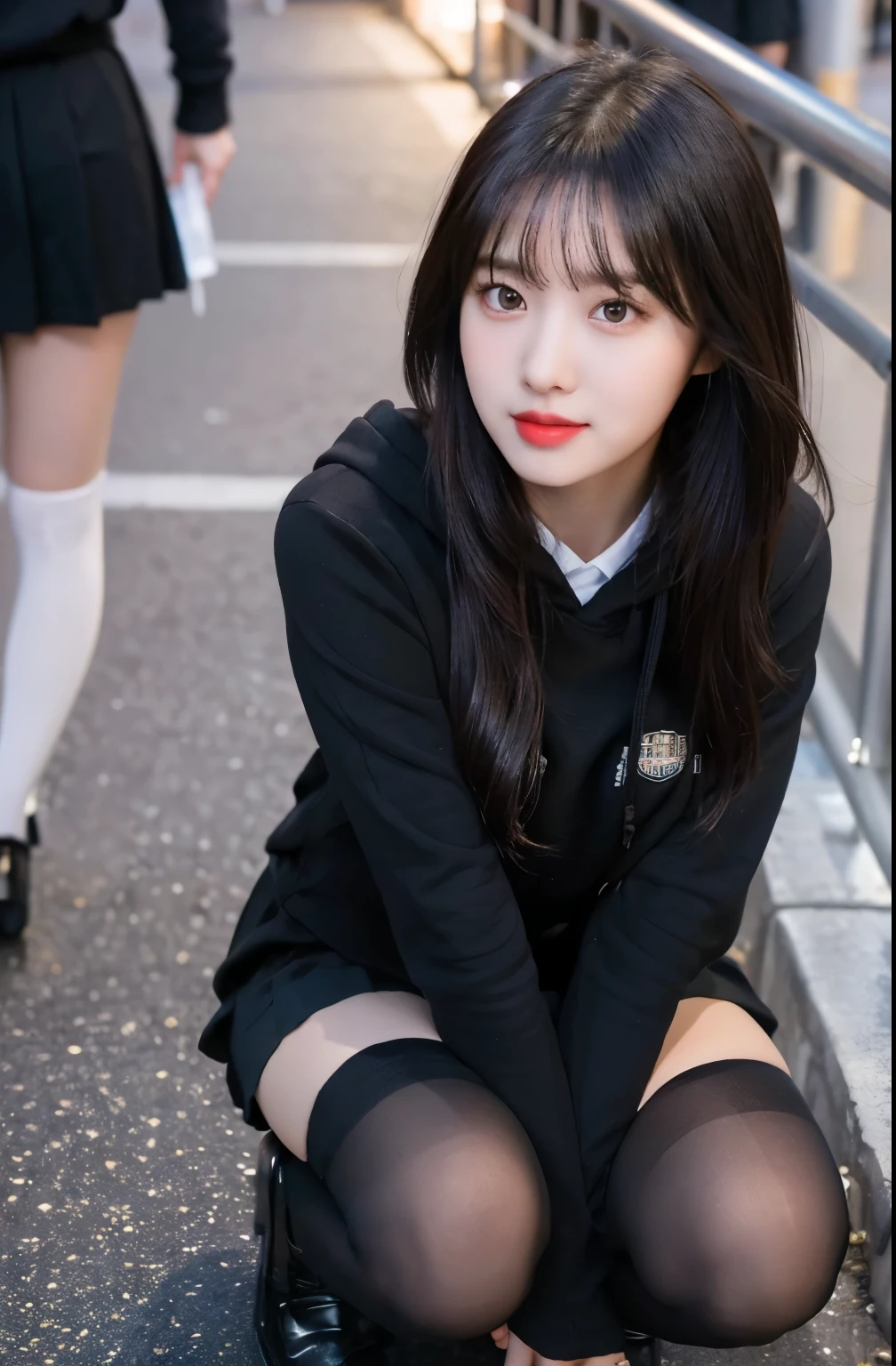 (8K), (highest quality: 1.2), (realistic), (realistic: 1.37), ultra high resolution, 1 girl, cute, smile, closed mouth, thick lips,red lip,beautiful details, beautiful nose, (straight black hair), giant dulcefo, Self snap,(University Student Uniform:1.2),(Black oversized hoodie:1.2),(school uniform pleated skirt:1.2),(Opaque over-the-knee socks:1.3),Squatting in the city at night, From above,close up on face,
