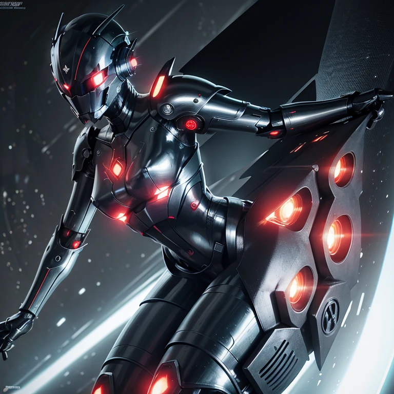 mechanical girl,　Shiny metallic skin,　Mechanical and metal body parts,Metallic cyber helmet with mechanical ears,Very large breasts，red glowing eyes, A devilish metal body，Black metal wings grow from the shoulder blades.，Red and black metal body，[methodical, surgical precision],　Cyberpunk style background,science fiction art style,bright colors,High resolution,Super detailed,realistic lighting effects,Bokeh，Hold a red-bladed lightsaber,　In combat,　best shot