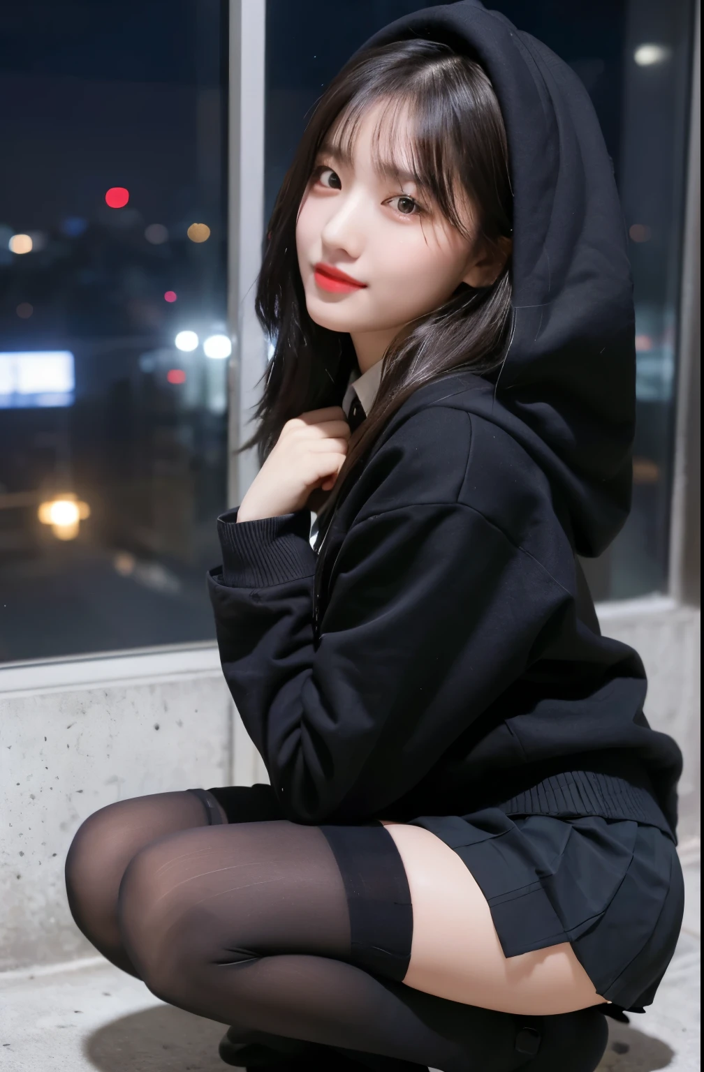 (8K), (highest quality: 1.2), (realistic), (realistic: 1.37), ultra high resolution, 1 girl, cute, smile, closed mouth, thick lips,red lip,beautiful details, beautiful nose, (straight black hair), giant dulcefo, Self snap,(University Student Uniform:1.2),(Black oversized hoodie:1.2),(school uniform pleated skirt:1.3),(Only the skirt is grey),(Opaque over-the-knee socks:1.3),Squatting in the city at night, From above,close up on face,
