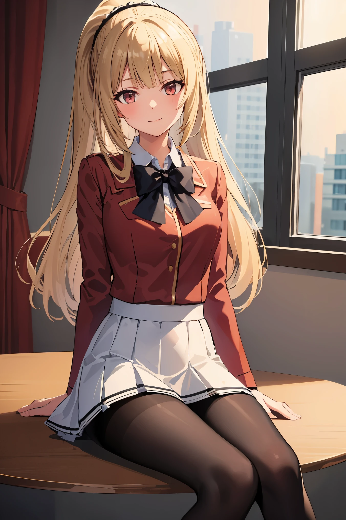 (masterpiece), (best quality), (illustration), (beautiful detailed), (highres), black pantyhose,white skirt,black pantyhose miniskirt, black pantyhose pleated skirt, red jacket, black pantyhose looking at viewer,sitting,(school uniform), white shirt,blush,shy,indoors, window,blonde hair, black pantyhose ponytail,((black pantyhose)) smile