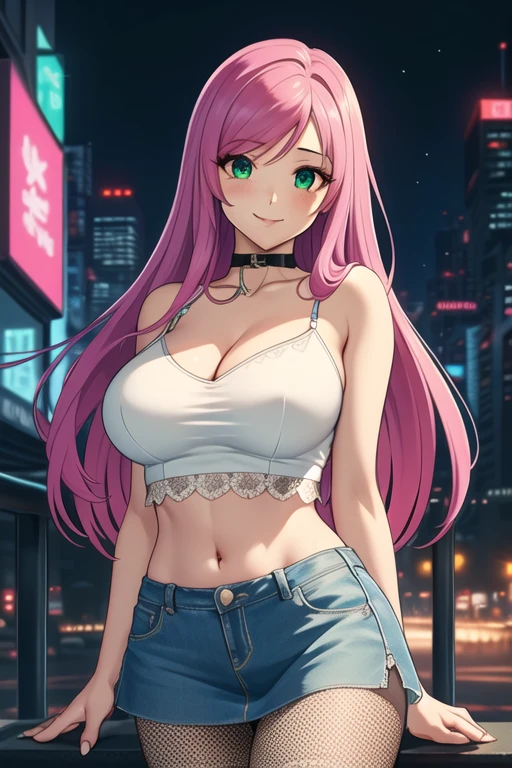 1 girl, 19 years old, Long pink hair, green eyes with slit pupils, master-piece, best quality, (standing up), (white lace camisole crop top, blue denim skirt, knee-high leather high heel boots, fishnet pantyhose, cleavage),  (Big , ultra gigantic , Super super big, Glamorous body), Make eye contact with the camera, front figure, looking forward, (light_Smile:1.5), (Detailed hands and fingers:1.2)、(Cyberpunk city at night), (FULL BODYSHOT), thighs thighs thighs thighs、beauty legs、Bare legs