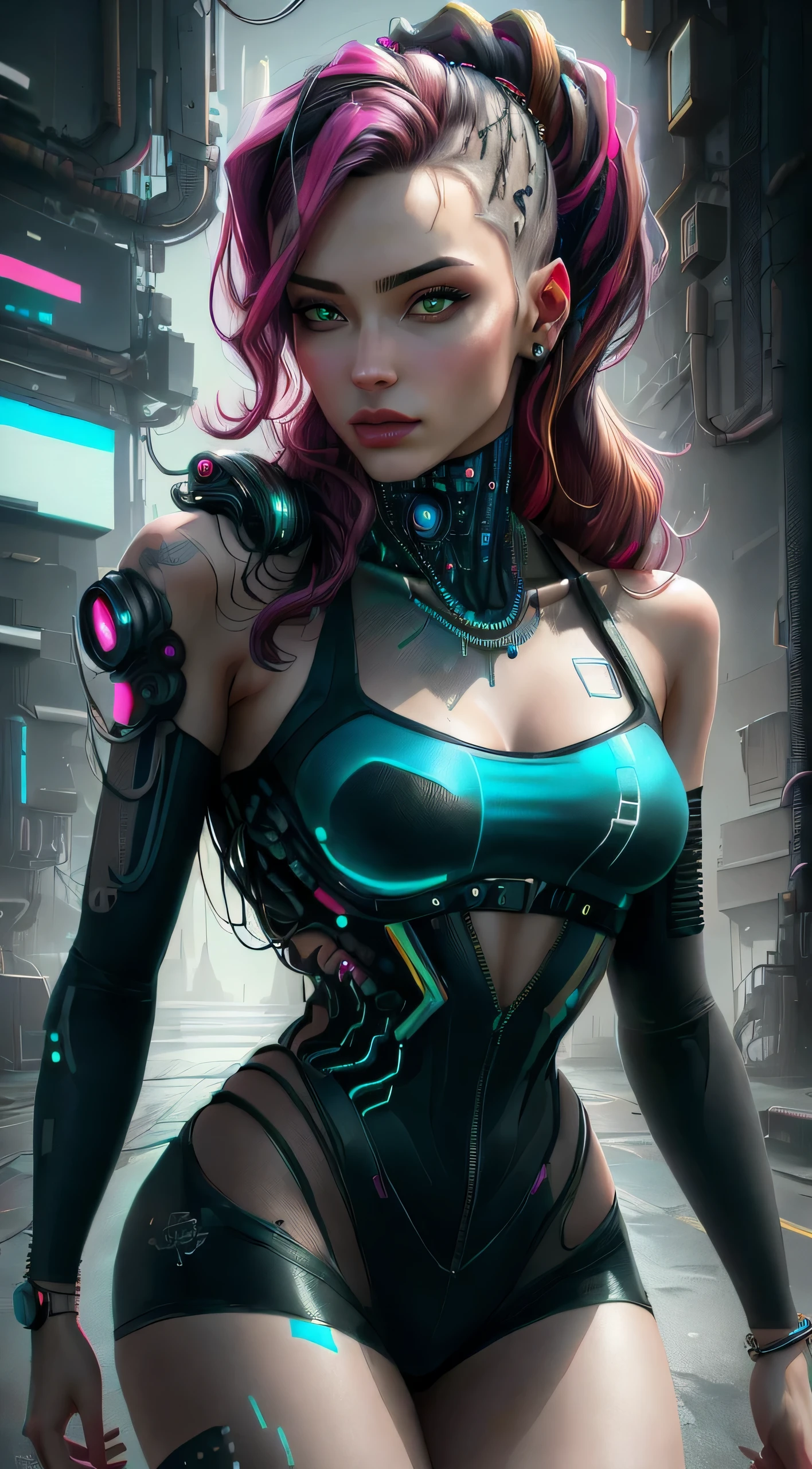 ((Long shot: 1.4, dynamic pose: 1.4)), (( 1 young woman alone:1.5)), (( beautiful, sensual and self-confident: 1.5)), (( brown eyes light and bright, cyberpunk hair:1.5)), ((ultra detailed:1.5)), sensual smile, beautiful full and shiny lips, with tattoo on arm and cheek, handsome hairstyle:1.2, cyberpunk, handsome cyberpunk, dreamer, (( beautiful and detailed hair, soft and shiny:1.3)), dark atmosphere, cyberpunk clothing, ultra-realistic 8k, cyberpunk 20 years. a model child, the portrait, highly detailed 32k digital art, beautiful digital artwork, Cyborg Cyberpunk. ((colors, cyan, greens, pink, brown: 1.2)), 8k realistic digital art, soft neon lighting on the face and body, ((highly detailed: 1.4), ((masterpiece)), (hyper detailed and beautiful: 1.3), (Photorealistic: 1.4)