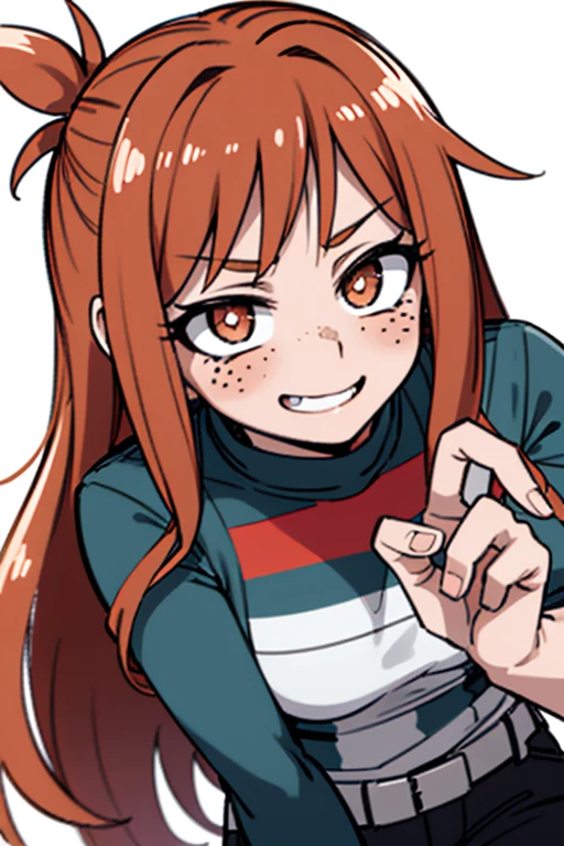 Estilo:My hero academia
Color de ojos:dorado
Cabello:long wavy brown brown with freckles Woman