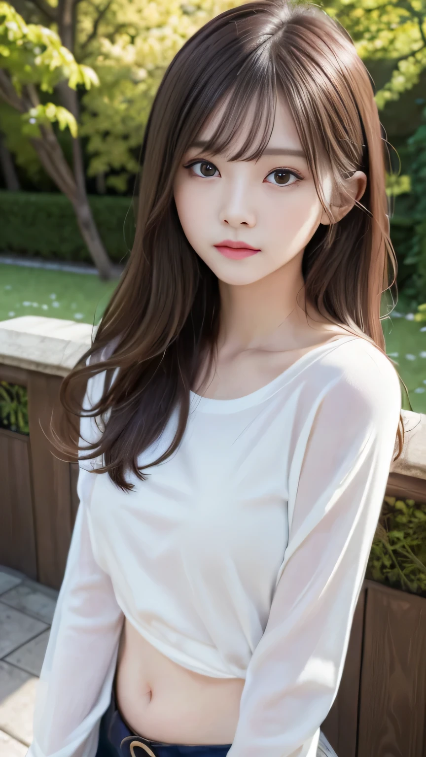 masterpiece、best quality、illustration、 Super detailed、fine details、 High resolution、8K Dende Wallpaper、perfect dynamic composition、24 year old beautiful girl、clear、detailed beautiful face、detailed beautiful eyes、textured skin、faint smile、small breasts、bold sexy pose、spring long sleeve shirt、
