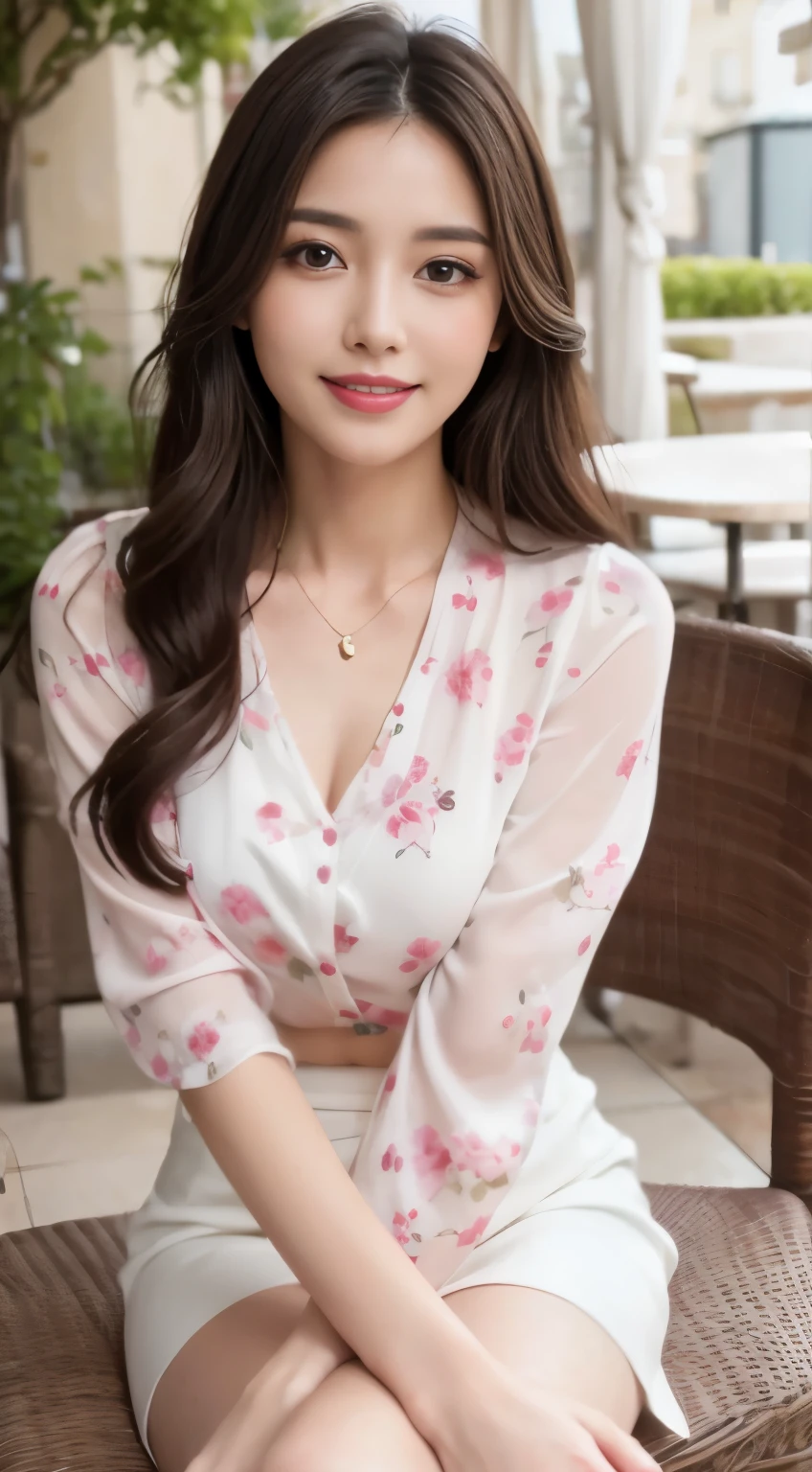 best quality, realistically, super detailed, High resolution, 8k wallpaper, 1 beautiful woman,Shiny skin、japanese girl、 Pink wet lips, floral blouse、white skirt, lock focus, perfect dynamic composition, beautiful eyes, delicate hair, Detailed realistically skin texture, smile, close up portrait, model body shape, On the open terrace of the cafe, (full body shot), sitting、smiling happily、smile showing your beautiful teeth、legs crossed、tea time、Cup and saucer、cake、beautiful feet、Shooting from a distance,