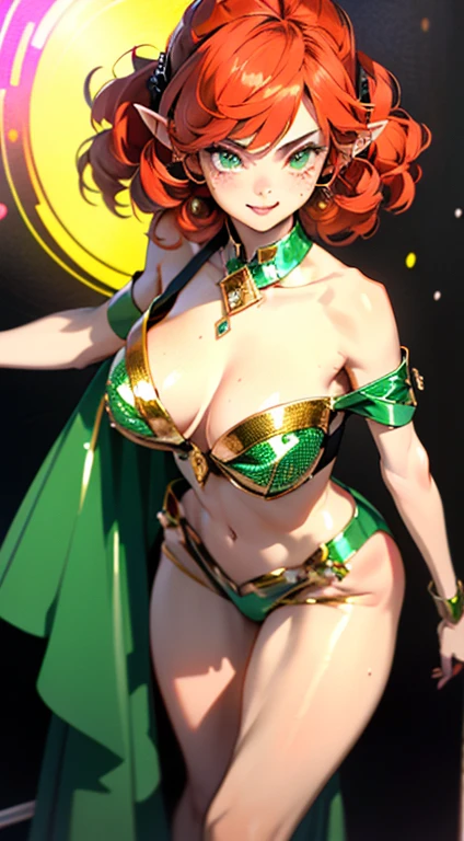 (((1girl))),((extremely cute and beautiful red curly-haired girl)), big butt,(((red curly hair:1.35,very curly hair,colored inner hair, elf ear breathing,short hair))),(((green_eyes:1.3))),intricate eyes,beautiful detailed eyes,symmetrical eyes,big eyes:1.3,((fat)),(((lustrous skin:1.5,bright skin: 1.5,skin tanned,shiny skin,very shiny skin,shiny body,plastic glitter skin,exaggerated shiny skin,illuminated skin,wet legs))),detailed body,(detailed face), cute,slutty,seductive,erotic,(((nsfw))), zettai ryouiki,3gypt1anb3llyD, standing, full body, barefoot, midriff, dancer, crimson belly dancer,Fr3ckles, freckles, (dynamic pose:1.0),smirking,(centered,scale to fit dimensions,Rule of thirds), scenery:1.25, artistic photography,(photography taken by sldr),highres, sharp focus, (ultra detailed, extremely detailed), (photorealistic artwork:1.37),(extremely detailed CG unity 8k wallpaper),((synthwave background theme)),(((vibrant colors))),(intricate background),(masterpiece),(best quality),