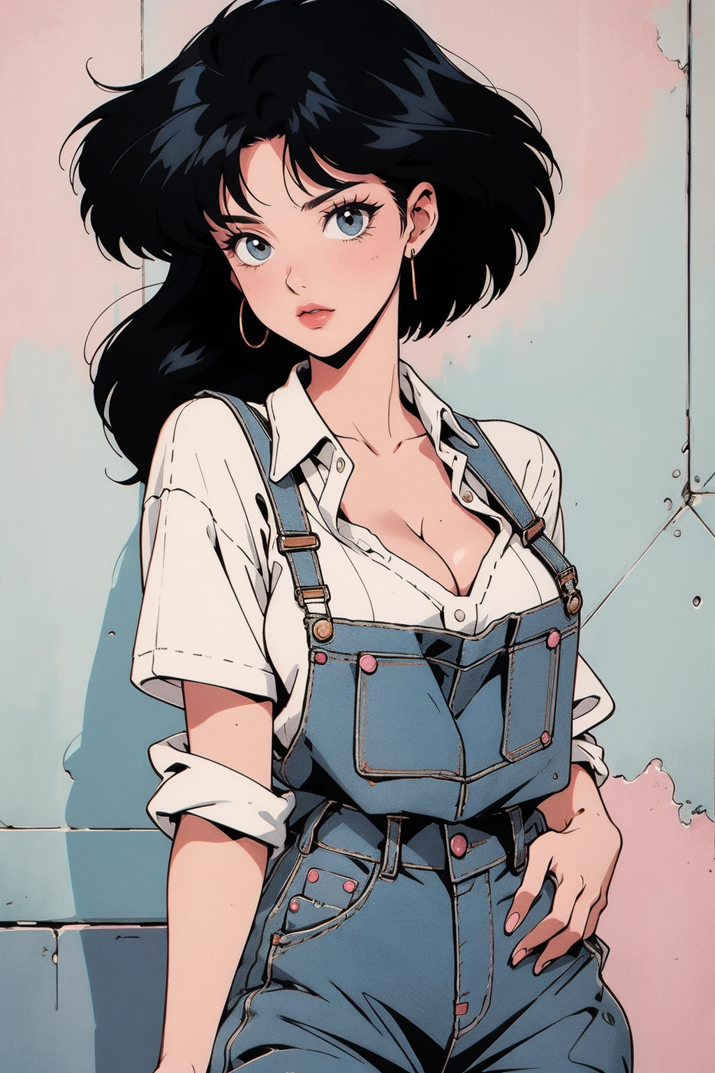 anime girl, 90s anime, vintage classic anime aesthetic, pink overalls, white shirt, short overalls, long black hair, cleavage, dinamic poses