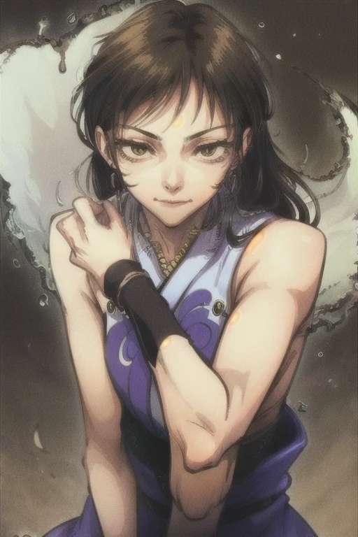 ((best quality)), ((masterpiece)), (detailed), perfect face, full body,fighting_stance, cursed energy. looking at viewer,smile,nudef, brown hair, brown eyes, long hair, looking at viewer, solo, upper body, closed mouth, small breasts, kimono, fighting, red cursed energy, determined look
