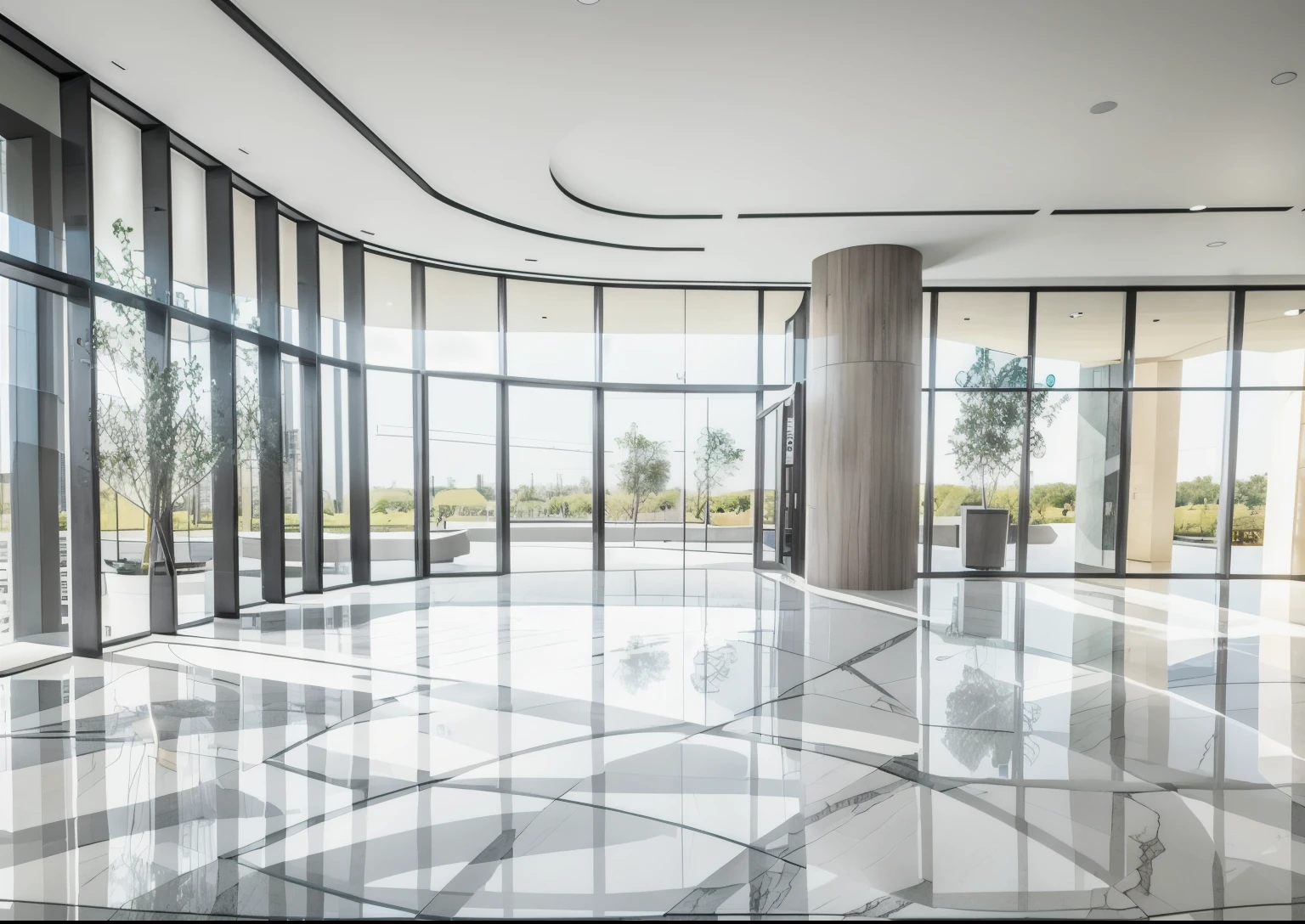 The lobby of the new commercial complex features large glass windows and unpatterned white marble, Gray glass window frame, Entrance, Light gray tones, environment, Vast green space, transparency, Three columns, best quality, surreal.