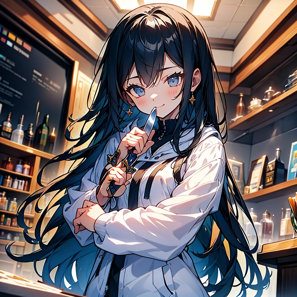 komach-v2,masterpiece , highest quality,(highest quality)),((table top)),((perfect face)),(background blur),uniform,white clothes,hoodie,knife,knife,arms,black hair,smile,dynamic pose,白いuniform,black eye,holding arms,holding knife,Tokyo,((holographic))