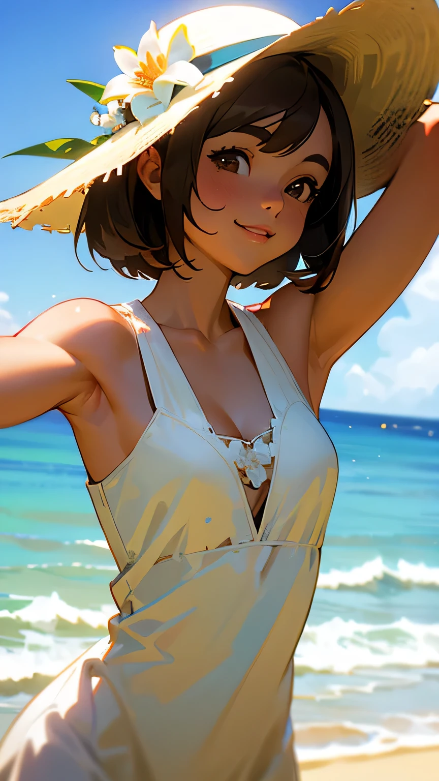 (Best quality, dynamic lighting, highly detailed, HDR) Brown haired young woman, mature, beautiful, bob hair, brown eyes, slim, medium-small breasts, white floral summer dress, summer hat, bare shoulder, cleavage, sleeveless, cute armpit folds, smiling, beach background.
