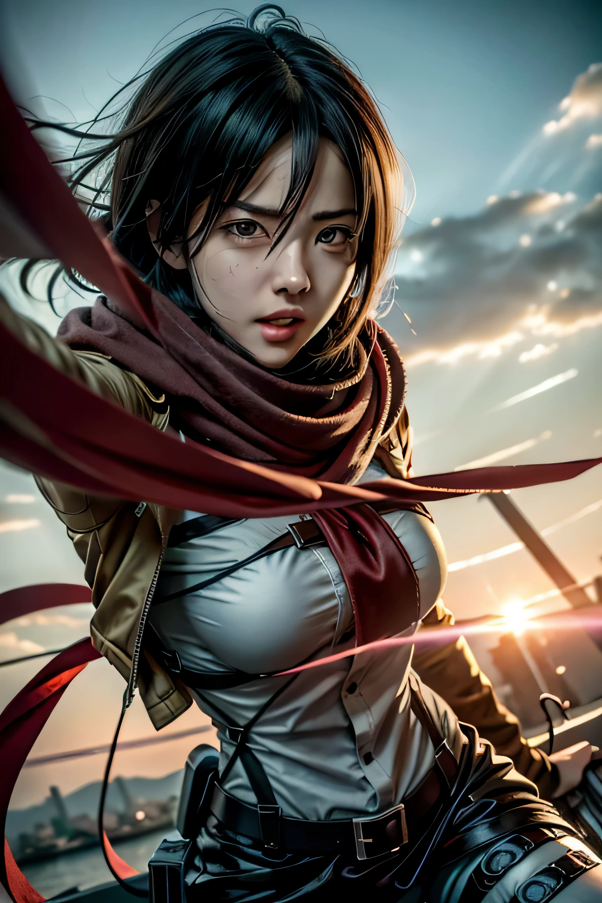 mikasa ackerman, Female action anime girl, badass posture, big smile, happy face, attack on titans, Female protagonist 👀 :8, rogue anime girl, anime figure, (Attack on Titan anime), trigger anime artstyle,1girl, dynamic angle, splashart, Complete shot of the charming Amish male silk weaver, CEL shadows, velvet, ribbons, offcial art, Unity 8k wallpaper, ultra - detailed, aesthetics, tmasterpiece, best qualtiy, Photorealistic