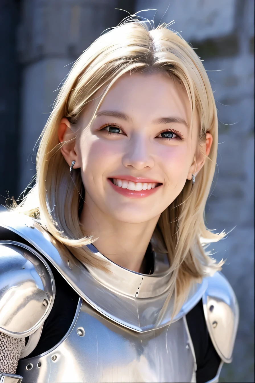 highest quality、female knight、The background is a castle、Luxurious Silver Armor、heavy equipment、hairstyle shortcut、smile、beautiful teeth、full body photo、ear piercing、white woman、blonde、blue eyes、Gummy Smile、