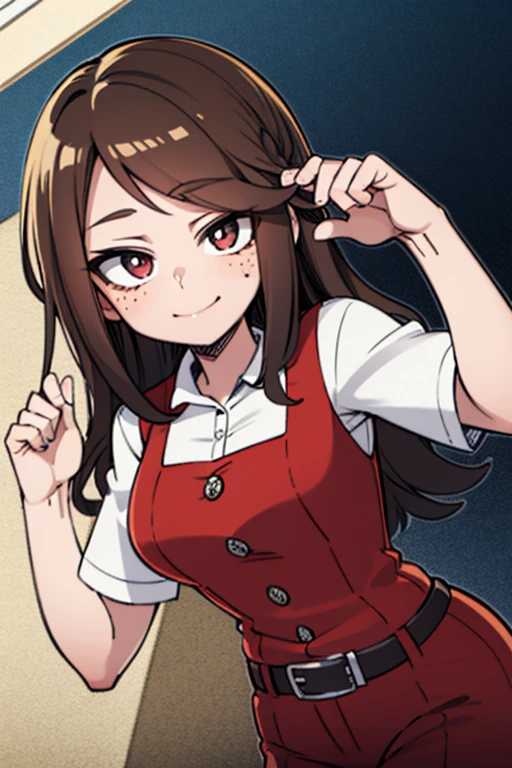 Estilo:My hero academia
Color de ojos:dorado
Cabello:long wavy brown brown with freckle Woman Uniform