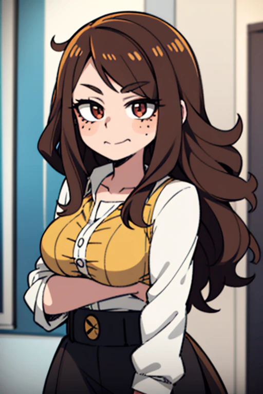 Estilo:My hero academia 
Color de ojos:dorado
Cabello:long wavy brown brown with freckle Woman Uniform 