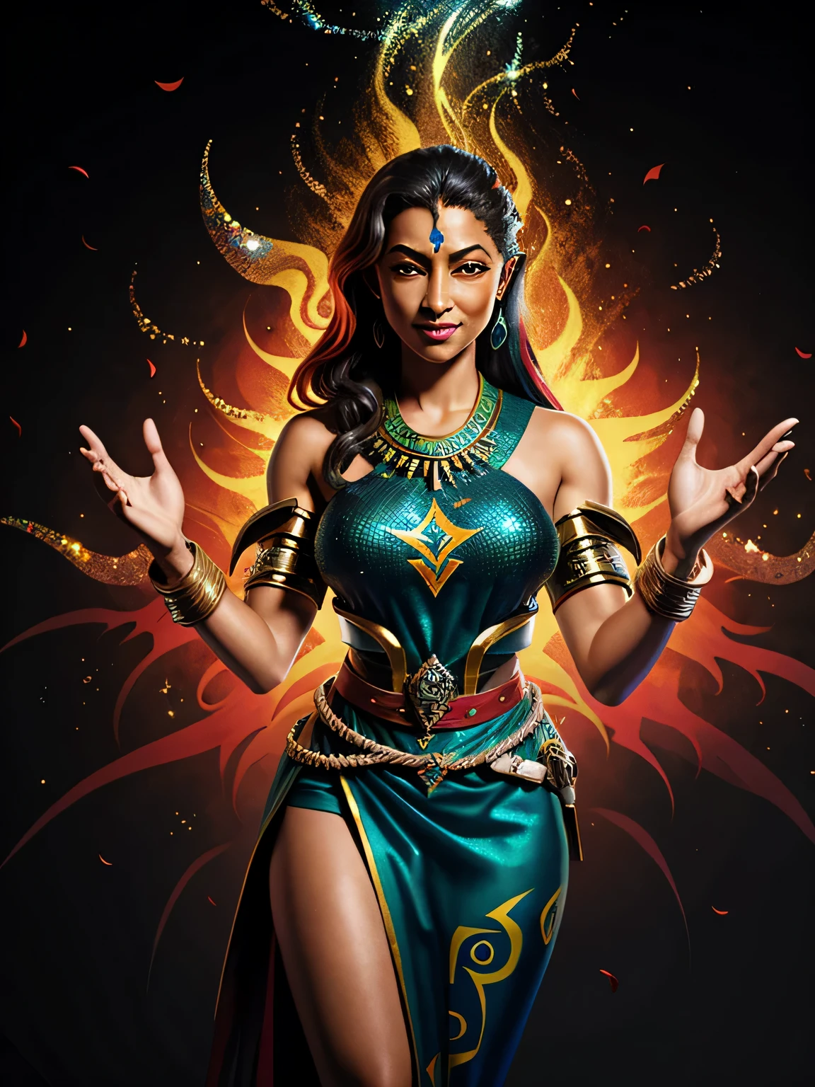 Epic CG masterpiece, hdr, dtm, full ha, 8K, ultra detailed graphic voltage, dynamic poses, cores impressionantes, 3D rendering, surrealismo, Cinematic lighting effects, realismo, renderizador 00, super realista, fotos de corpo inteiro, super vista, super grande angular, HD, Dunhuang, 1girl, solo, joias, cabelo longo, ornamento de cabelo, fundo desfocado, pele leitosa, (pele brilhante: 1.6), petals, petals caindo, umbigo, brincos, pulseira, ombros nus, tomara que caia, unhas vermelhas, esmalte, bandeau, estilo Dunhuang, fundo mural Dunhuang, influenciado pela arte chinesa antiga, trajes coloridos, fita vermelha ciano, imagem uhd, nostalgic paintings, tondo, A shot with tension, (sky glows red, impacto visual, giving the poster a dynamic and visually stunning appearance: 1.2), imagem impactante, (tiro escuro: 1), Dunhuang, fundo yofukashi, , seios pequenos perfeitos,  renascentista, chinese dress