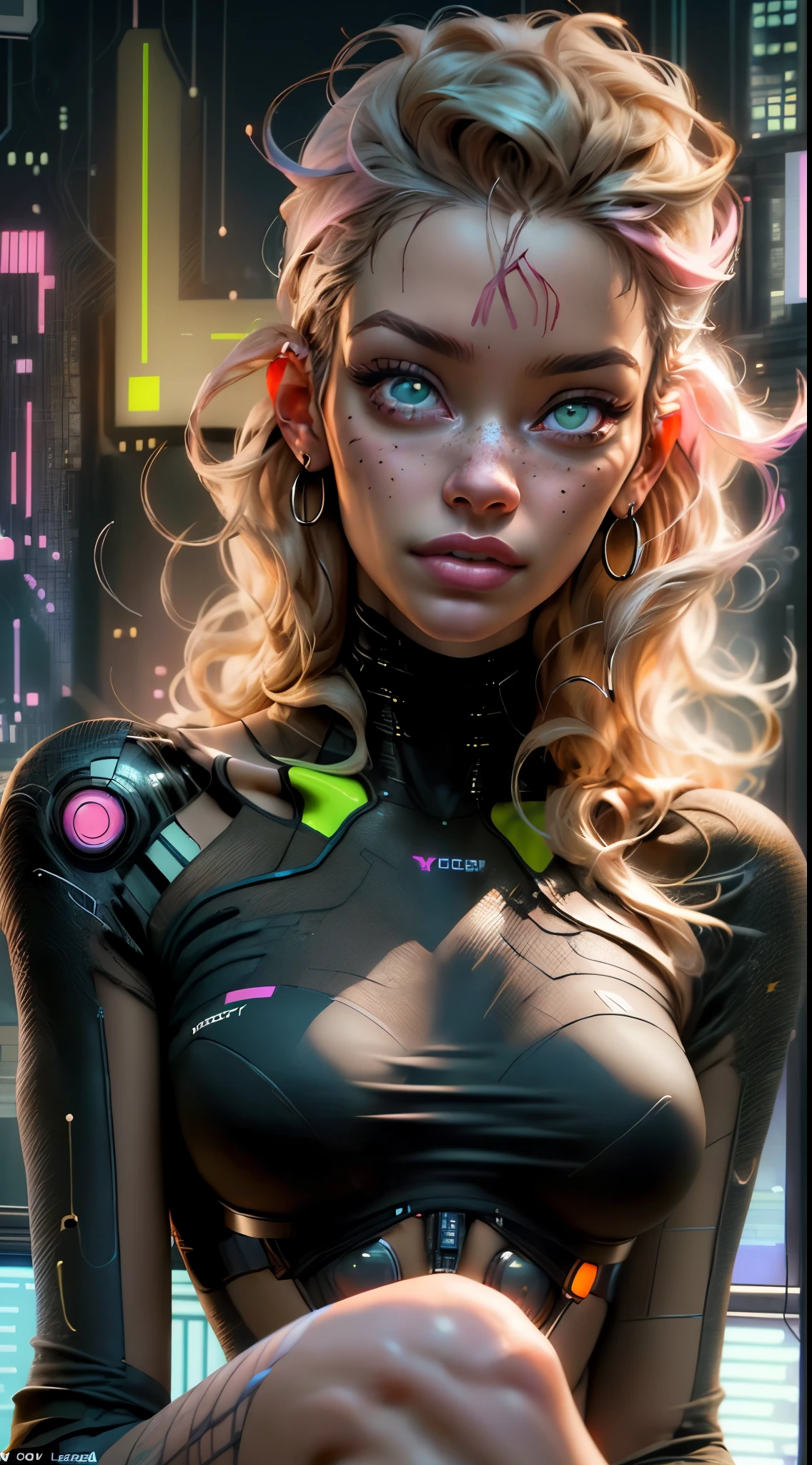 ((Long shot: 1.4, dynamic pose: 1.4)), (( 1 young woman alone:1.5)), (( beautiful, sensual and self-confident: 1.5)), (( brown eyes light and bright, cyberpunk hair:1.5)), ((ultra detailed:1.5)), sensual smile, beautiful full and shiny lips, with tattoo on arm and cheek, handsome hairstyle:1.2, cyberpunk, handsome cyberpunk, dreamer, (( beautiful and detailed hair, soft and shiny:1.3)), dark atmosphere, cyberpunk clothing, ultra-realistic 8k, cyberpunk 20 years. a model child, the portrait, highly detailed 32k digital art, beautiful digital artwork, Cyborg Cyberpunk. ((colors, cyan, greens, pink, brown: 1.2)), 8k realistic digital art, soft neon lighting on the face and body, ((highly detailed: 1.4), ((masterpiece)), (hyper detailed and beautiful: 1.3), (Photorealistic: 1.4)
