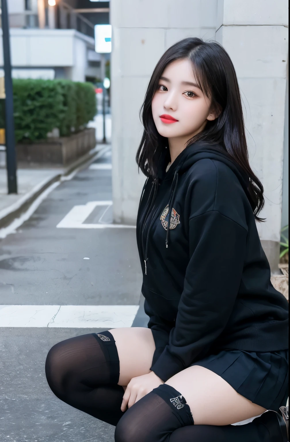 (8K), (highest quality: 1.2), (realistic), (realistic: 1.37), ultra high resolution, 1 girl, cute, smile, closed mouth, thick lips,red lip,beautiful details, beautiful nose, (straight black hair), giant dulcefo, Self snap,(University Student Uniform:1.2),(Black oversized hoodie:1.2),(school uniform pleated skirt:1.3),(Only the skirt is grey),(Opaque over-the-knee socks:1.3),Squatting in the city at night, From above,close up on face,
