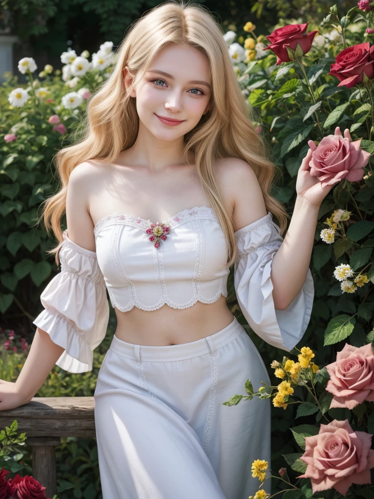 arafed woman smiling, ukrainian girl, russian girl, warm smile, beautiful and smiling, beautiful nordic woman, russian style, lovely woman, attractive woman, mature woman, very very beautiful woman, portrait, half body, en un jardin con muchas flores, rosas, 25 year old woman