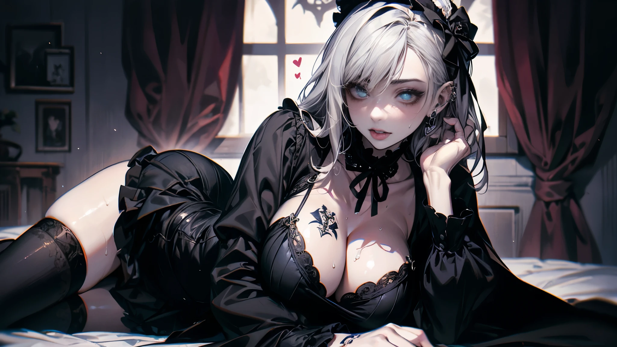 (Best quality, 8K, Masterpiece:1.3, 1girl, solo, Beautiful girl), cute, Dynamism, Detailed face, Detailed skin, detailed clothes, Detailed eyes, Detailed lips, Detailed tongue, Detailed fingers, Detailed mouth, Photorealistic, Raw photo, highres, hight resolution, Natural lighting, perfect anatomy, toned legs, double eyelids, tear bags, round eyes, moist lips, sweaty, ecstatic face, ((gothic ta, gothic loliashion, body piercing, piercings, earrings, heart-tattoo on cleavage)), skirt, grey hair, monochrome, lace thighhighs, large breasts, cum on breasts, blue pupil, half closed eyes, looking at viewer, masturbation, gothic mansion, lying down