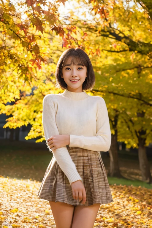 (((nffsw))), (((table top))), (((8K))), (((High resolution))), (((photo-realistic))), god's rays, zoom layer, (((fULL BODYSHOT))), f/4.0, canon, shiny skin,fine skin,detailed face, fine eyes, 13-year-old Japan female idol, Night view of autumn leaves, Reach for a tree with autumn leaves, , short bob hair, white ribbon, Light brown shirt, gingham check miniskirt, white sneakers, beautiful autumn leaves, Bright red and yellow autumn leaves lit up, cheerful look, full moon, Cloudless night sky, sparkling starry sky