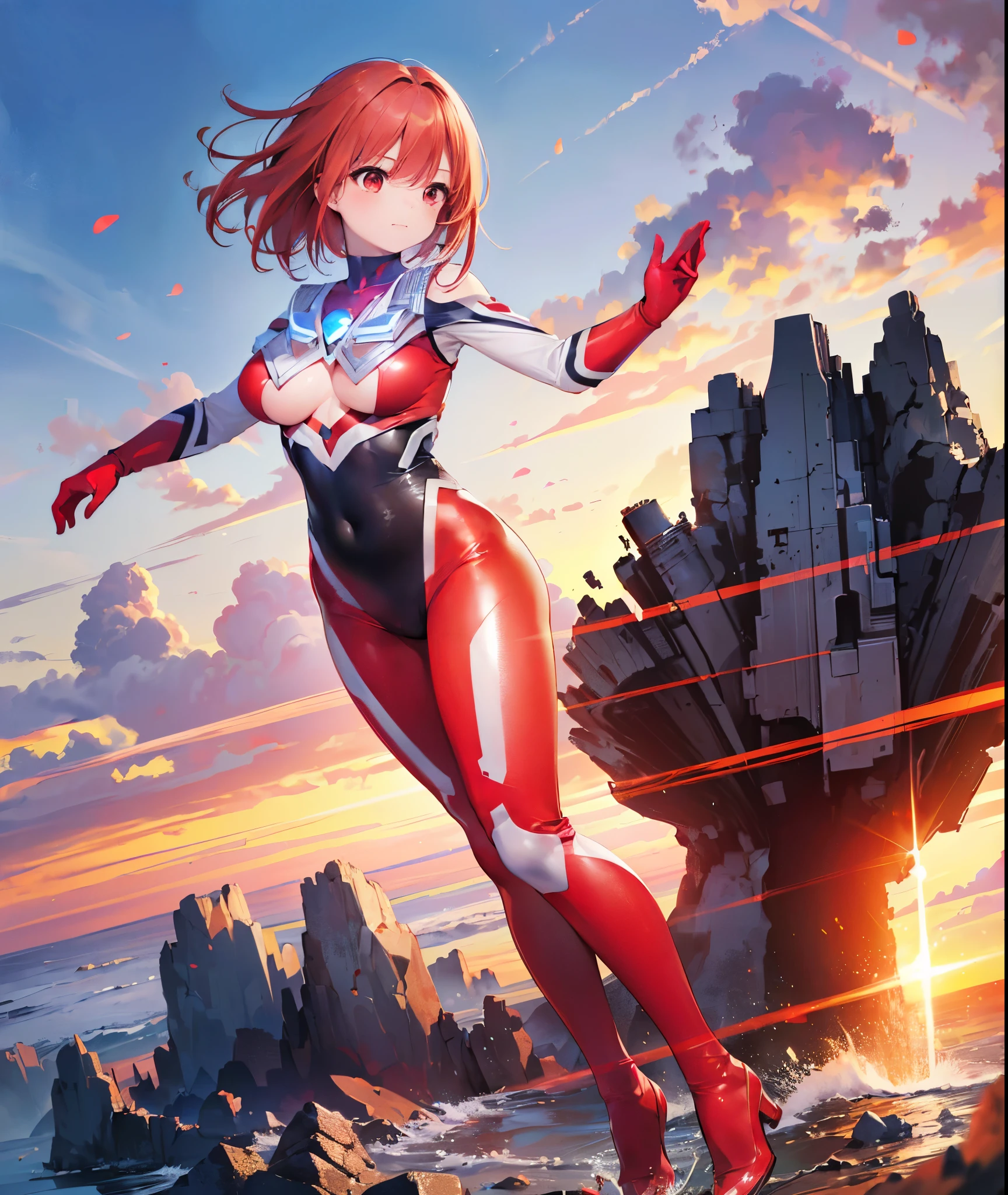 (Close-up:1.3),Realistic,highest quality, Ultra Detail, High-quality CG rendering, The most delicate and beautiful, Floating softly, High resolution, (1 girl), (Highest quality,4K,8K,masterpiece:1.2),(All red hair:1.5), (Short ponytail:1.5),(Red eyes:1.5), (Ultra Girl:1.0), (Red Ultraman bodysuit:1.4),(Slightly larger breasts:1.5),(Clenched Fist:1.2),(Turn your back to your audience:1.3),Ass(Red gloves:1.3),(Red Shoes:1.3) ,(whole body:1.3)