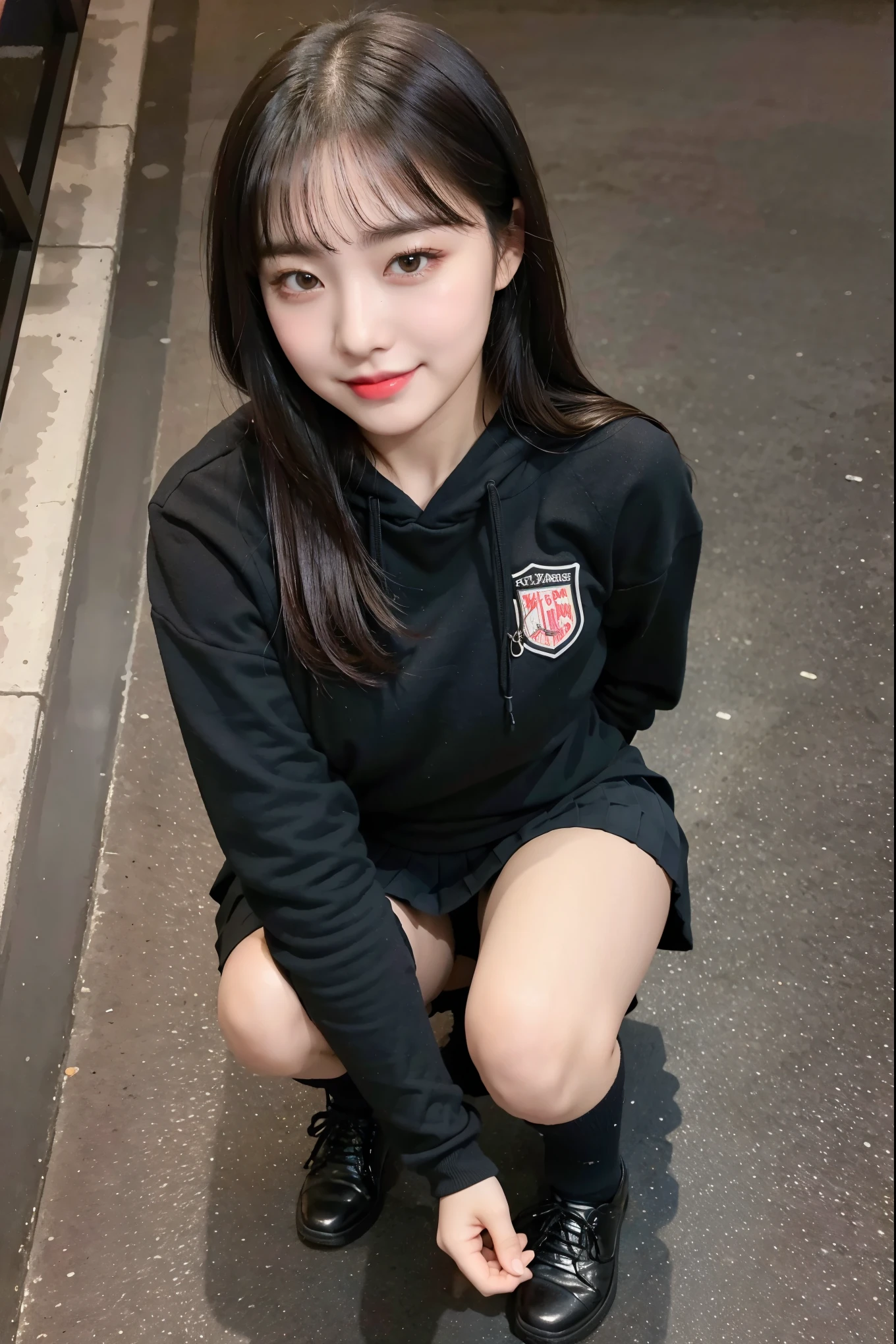 (8K), (highest quality: 1.2), (realistic), (realistic: 1.37), ultra high resolution, 1 girl, cute, smile, closed mouth, thick lips,red lip,beautiful details, beautiful nose, (straight black hair), giant dulcefo, Self snap,(University Student Uniform:1.2),(Black oversized hoodie:1.2),(school uniform pleated skirt:1.3),(The skirt is gray:1.2),(Opaque over-the-knee socks:1.3),Squatting in the city at night, From above,close up on face,