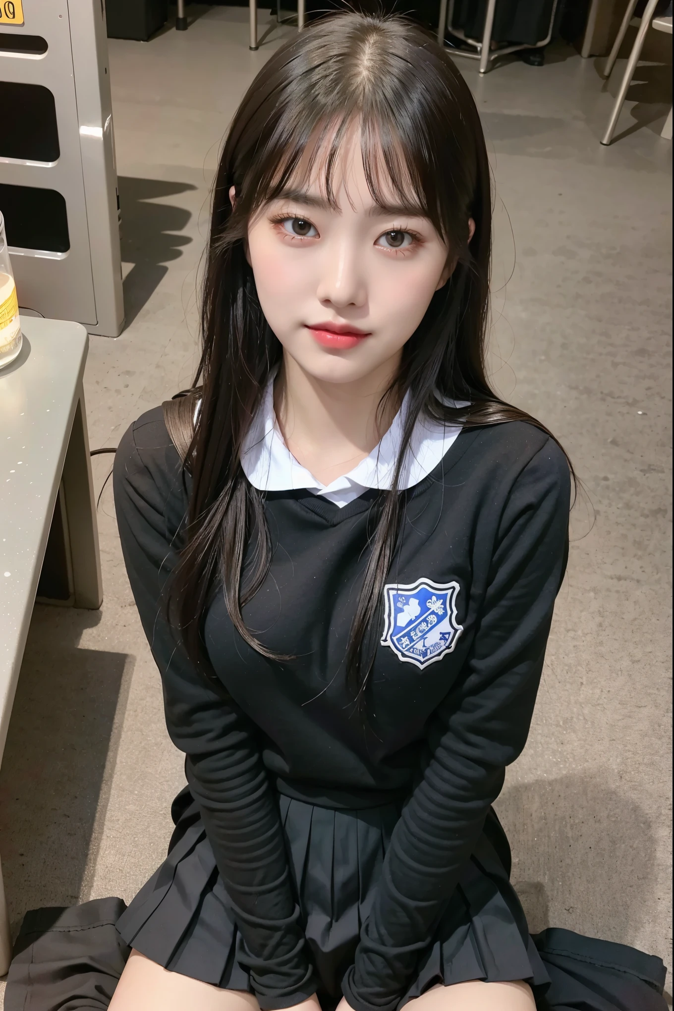 (8K), (highest quality: 1.2), (realistic), (realistic: 1.37), ultra high resolution, 1 girl, cute, smile, closed mouth, thick lips,red lip,beautiful details, beautiful nose, (straight black hair), giant dulcefo, Self snap,(Black oversized hoodie),(school uniform pleated skirt:1.3),(Opaque over-the-knee socks),Squatting in the city at night, thighs,From above,(close up on face),