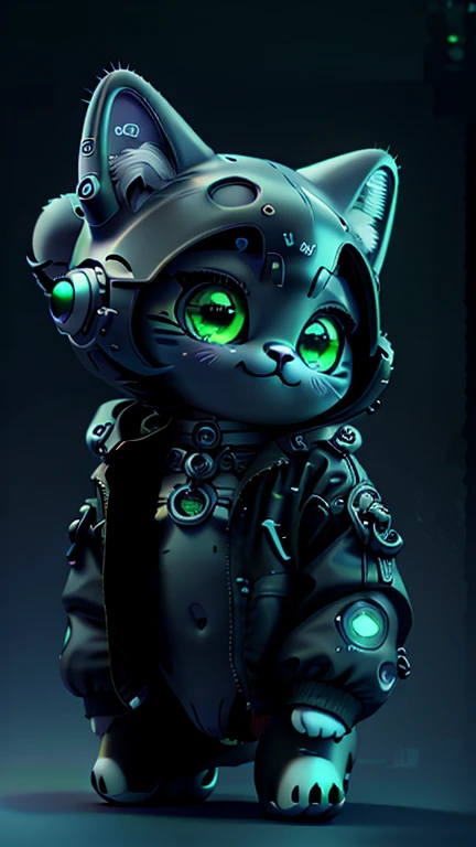 A mini cute surreal futuristic mechanical cat wearing a black jacket. blue skin. cinematic, Super detailed, White gradient background , Very detailed, zoom out, green eyes