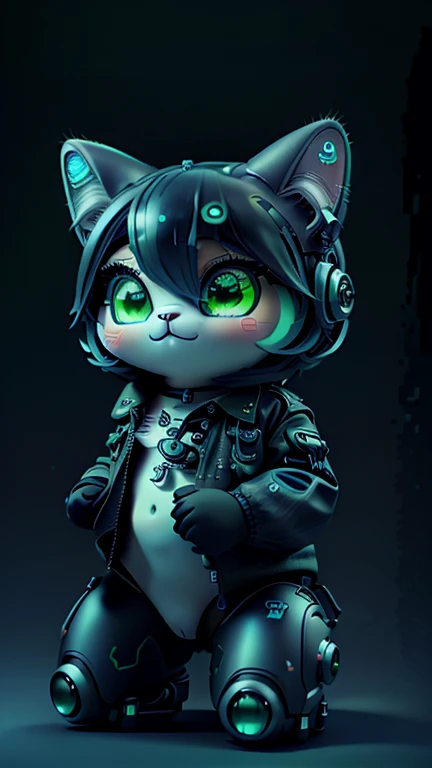 A mini cute surreal futuristic mechanical cat wearing a black jacket. blue skin. cinematic, Super detailed, White gradient background , Very detailed, zoom out, green eyes