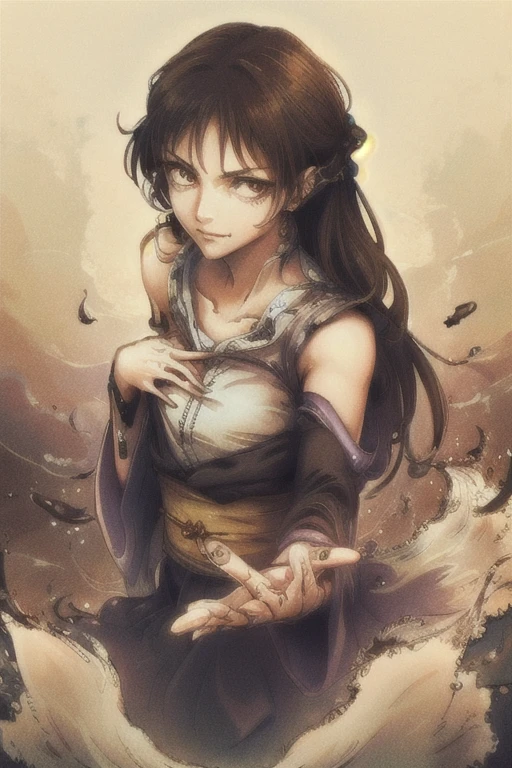 ((best quality)), ((masterpiece)), (detailed), perfect face, full body,fighting_stance, cursed energy. looking at viewer,smile,nudef, brown hair, brown eyes, long hair, looking at viewer, solo, upper body, closed mouth, small breasts, kimono, fighting, red cursed energy, determined look
