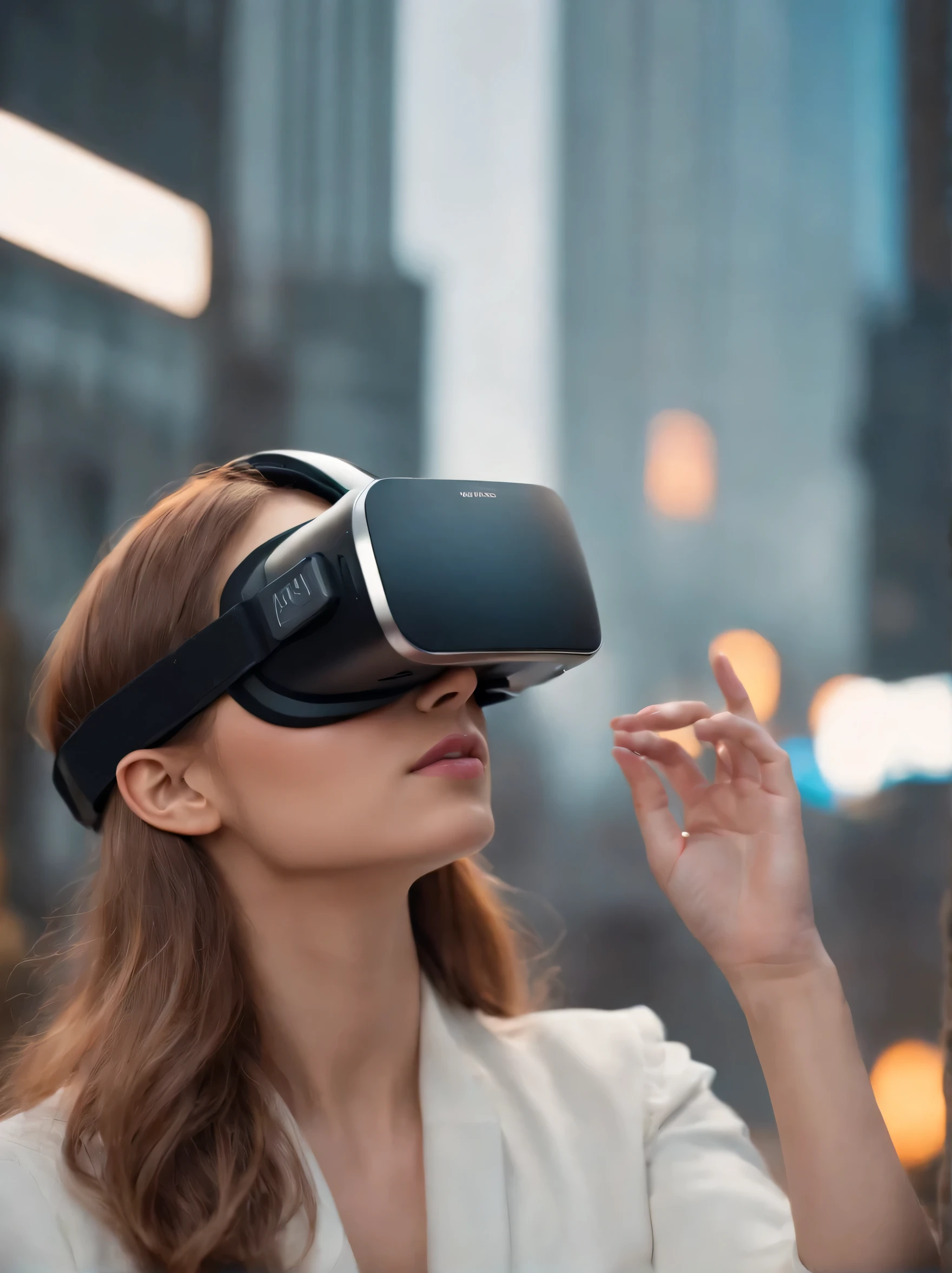 a beautiful girl in cyberpunk future city wearing a vr and looking into the sky ,( fix body, fix face , fix fingers, fix whole image beautiful) create beautiful, detailed, 4k , 8k , ultra hd supper ultra hd, uhd, 4k, 8k,