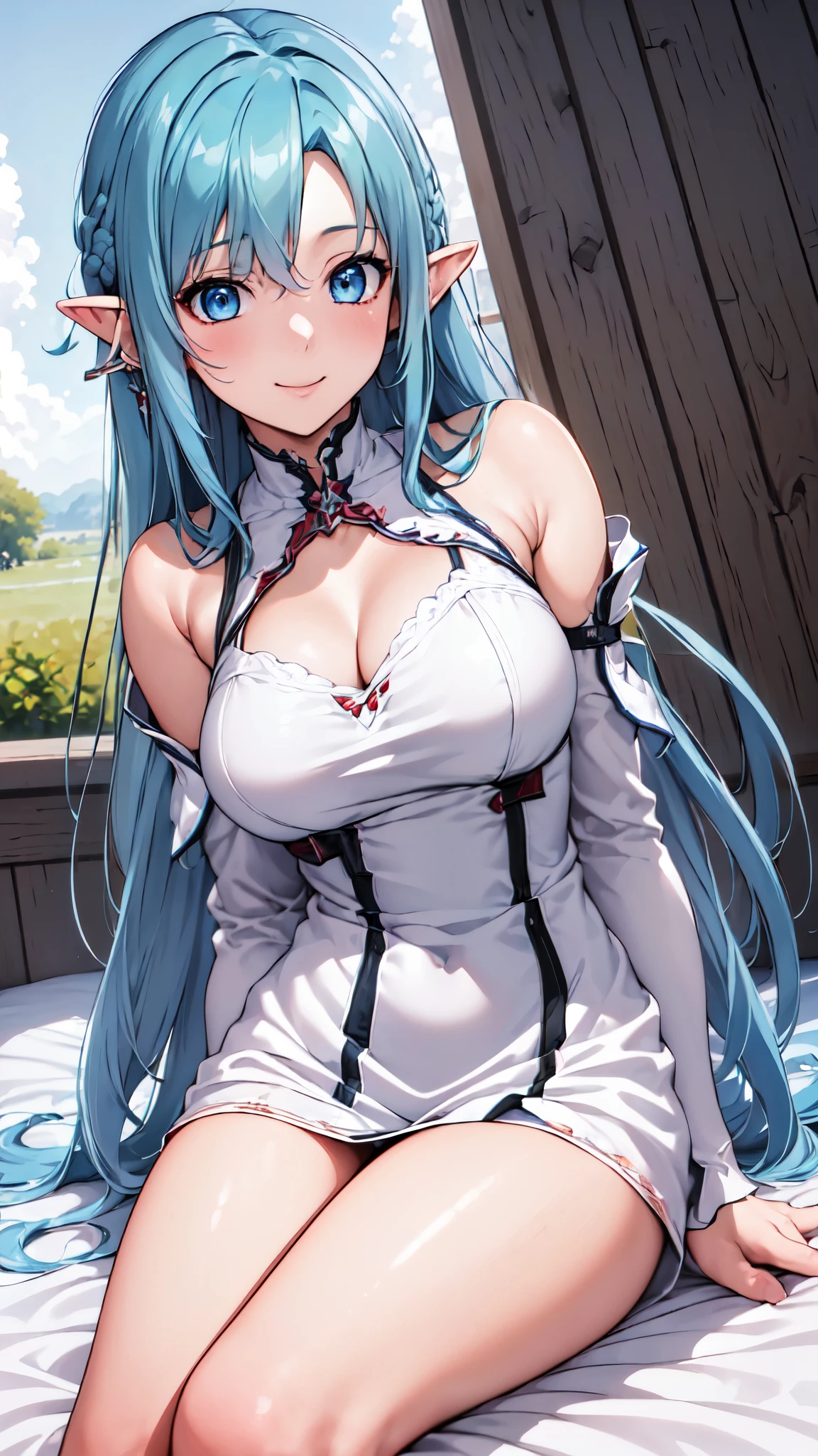 (masterpiece, highest quality, ultra high resolution:1.3),8k,(Bedroom), Babasna,sitting,26 years old,Smile,(long hair, blue hair, blue eyes), (pointed ears:1.2), (white dress),(Aesthetic Anime Eyes:1.2), removed sleeve, Blue Niso, From the side, field, cowboy shot