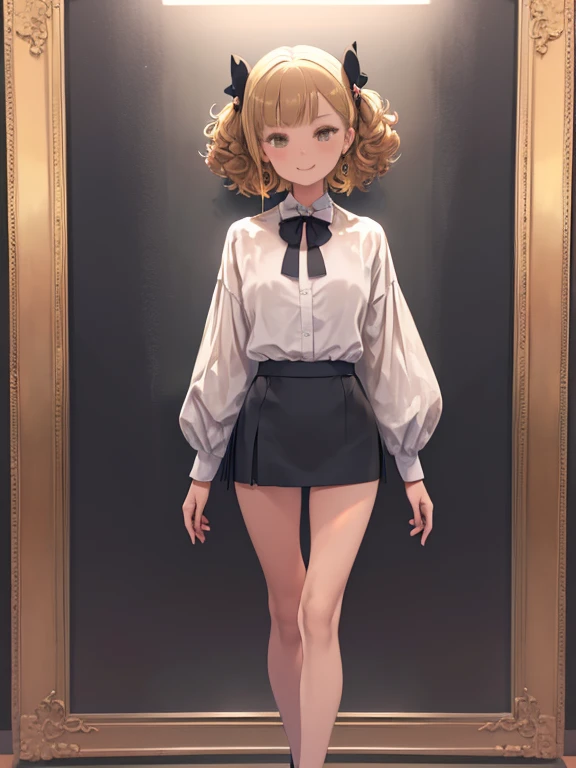 ((full body)), ((Front shot)), ((realistic)), 1 girl, posed for a photo, in the room, stand up, beautiful legs, straight legs, The upper body leans forward slightly, hands behind her back, looking at the viewer, detailed scene, curly, air bang, beautiful hair accessories, brownish yellow hair, ((Blouses of white color, neck bow tie, short black skirt)), (campus style), warm light, warm color palette, Detailed details, super detailed, (master piece, best quality), (This is a very delicate and beautiful work.), delicate earrings, delicate necklace, simple blurred background, extreme details, Ultra-fine painting, delicate face, slim and toned body, (smile, Bare your teeth), (correct anatomy)