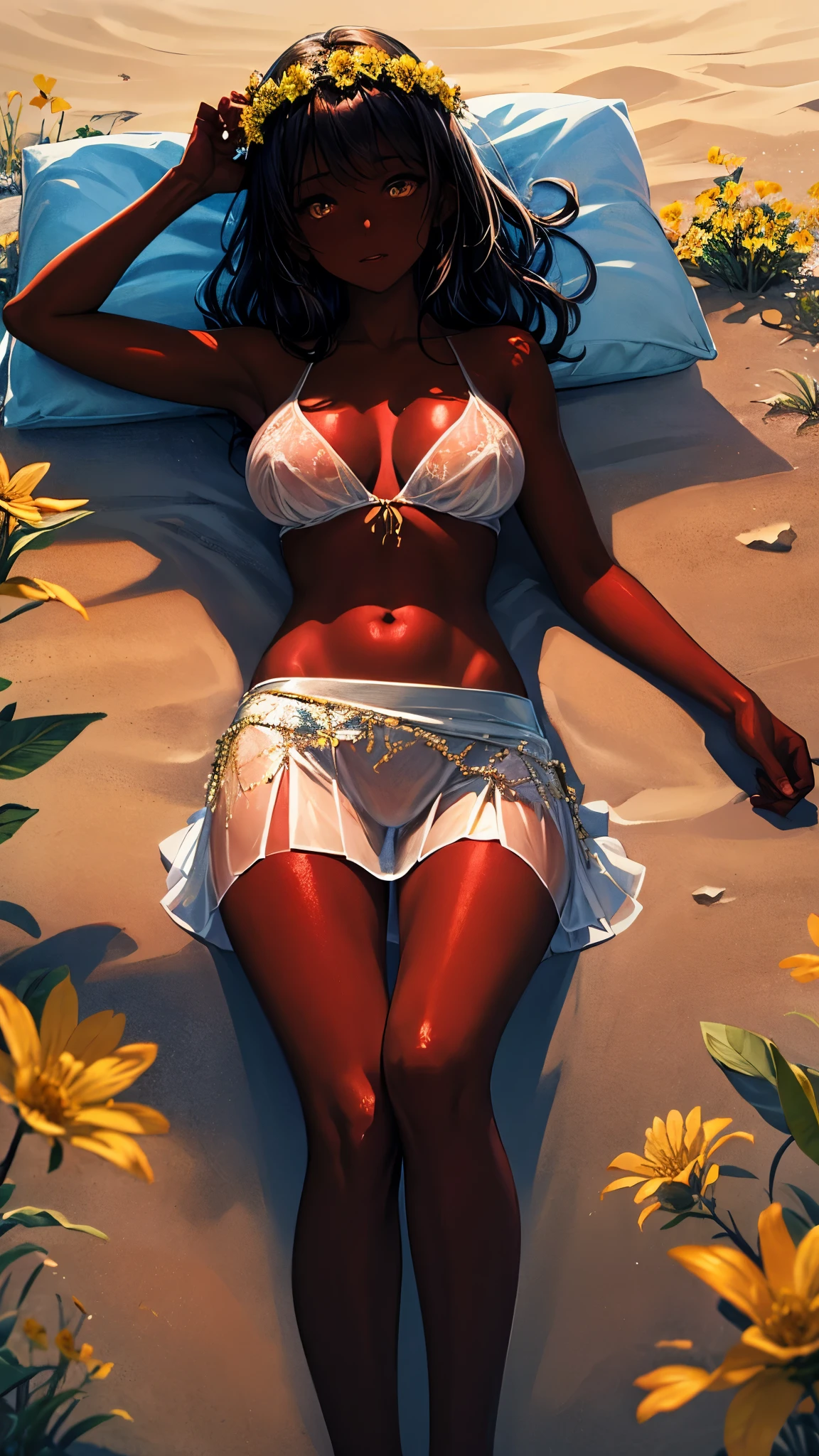 seductive anorexic girl lying down in a flowery desert, dark skin, lustrous body, yellow flower crown, long see-through skirt, long legs, topless, perky breasts, wide hips, sunlight all over her body