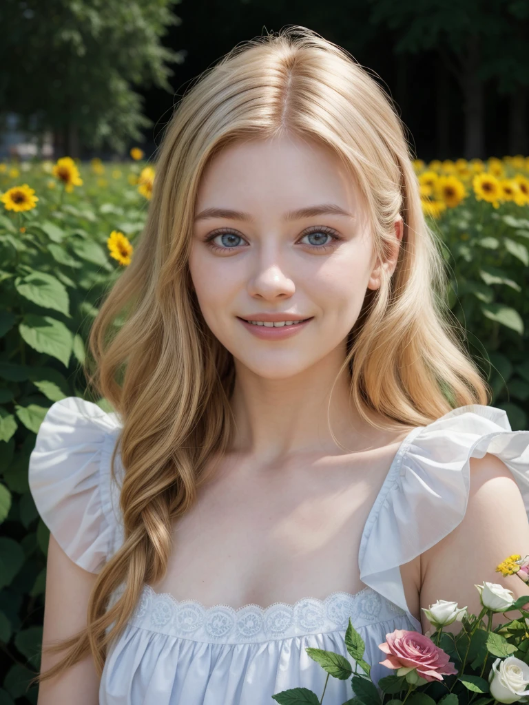 arafed woman smiling, ukrainian girl, russian girl, warm smile, beautiful and smiling, beautiful nordic woman, russian style, lovely woman, attractive woman, mature woman, very very beautiful woman, portrait, half body, en un jardin con muchas flores, rosas, 25 year old woman, milf, milf woman