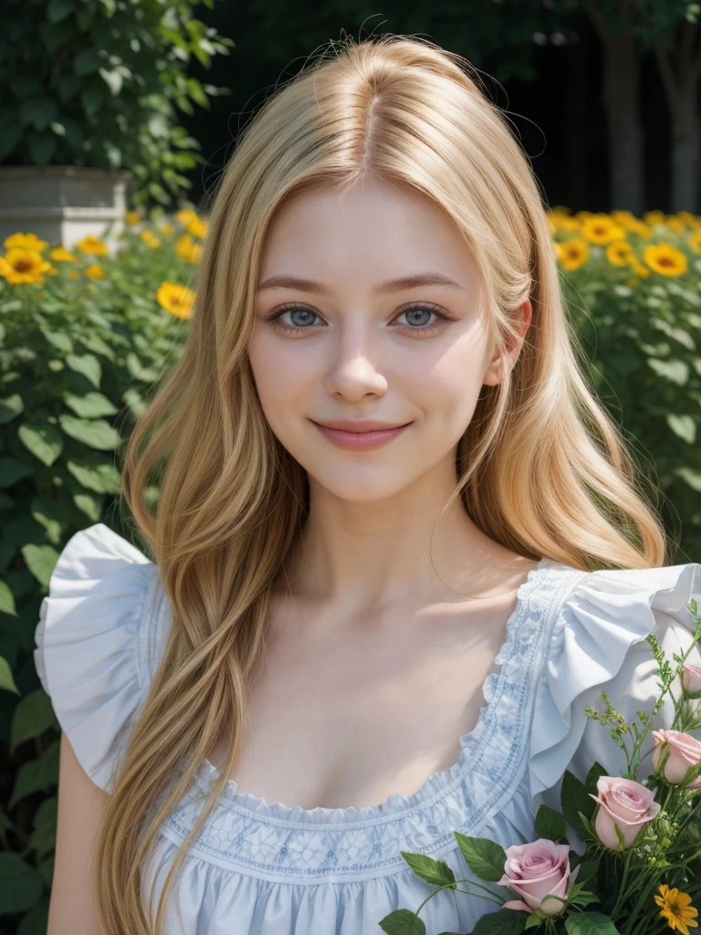 arafed woman smiling, ukrainian girl, russian girl, warm smile, beautiful and smiling, beautiful nordic woman, russian style, lovely woman, attractive woman, mature woman, very very beautiful woman, portrait, half body, en un jardin con muchas flores, rosas, 25 year old woman, milf, milf woman