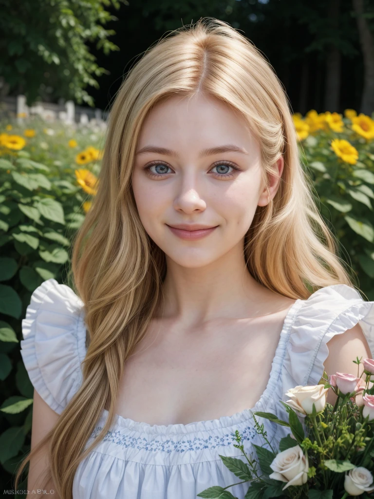 arafed woman smiling, ukrainian girl, russian girl, warm smile, beautiful and smiling, beautiful nordic woman, russian style, lovely woman, attractive woman, mature woman, very very beautiful woman, portrait, half body, en un jardin con muchas flores, rosas, 25 year old woman, milf, milf woman