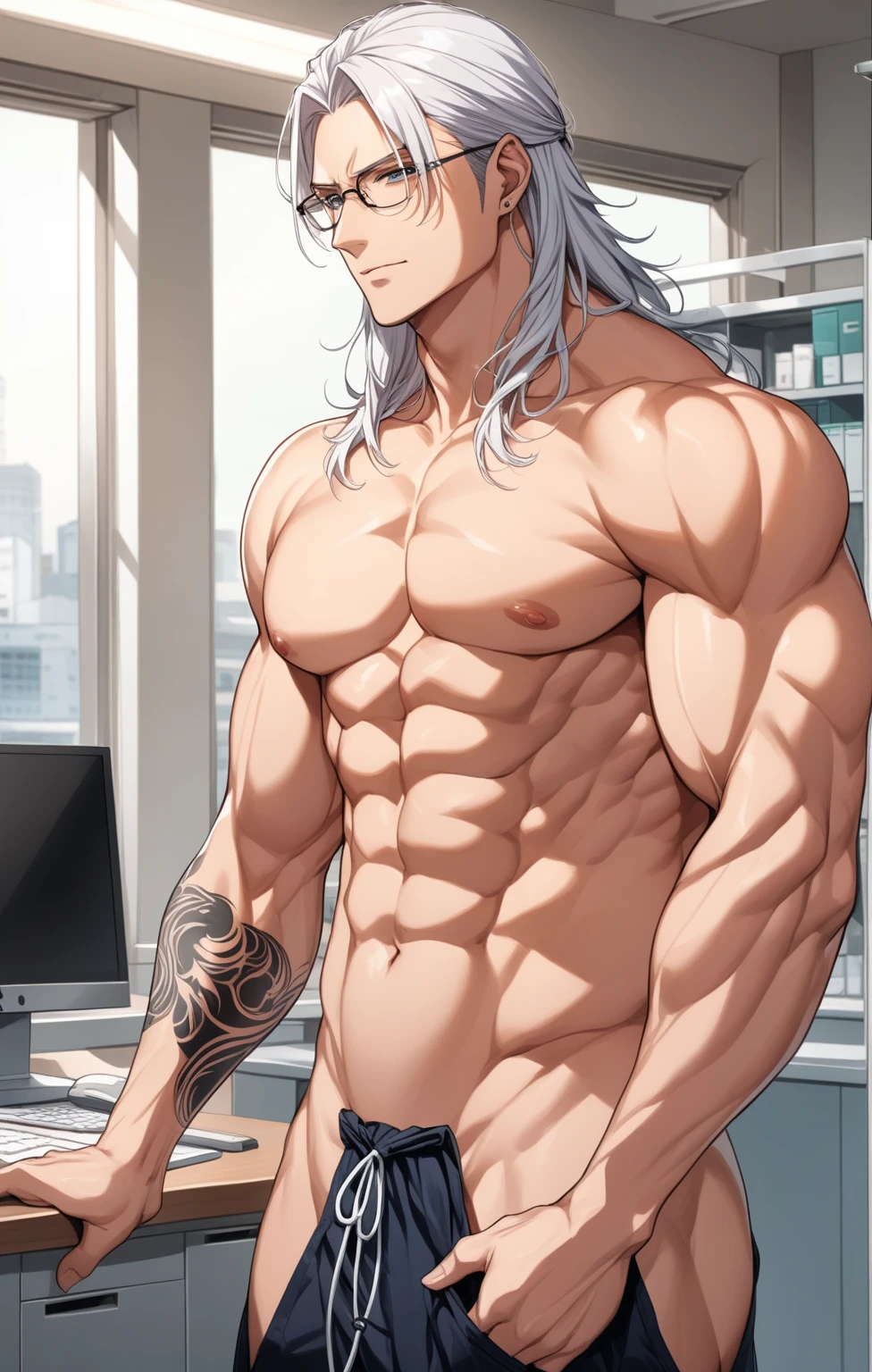 (masterpiece, best quality:1.2), (1boy), solo, 8k, white hair, long hair, glasses, green eyes, handsome male, very detailed, broad shoulders, tall, doctor, tattoos, anime style, in a clinic, muscular chest