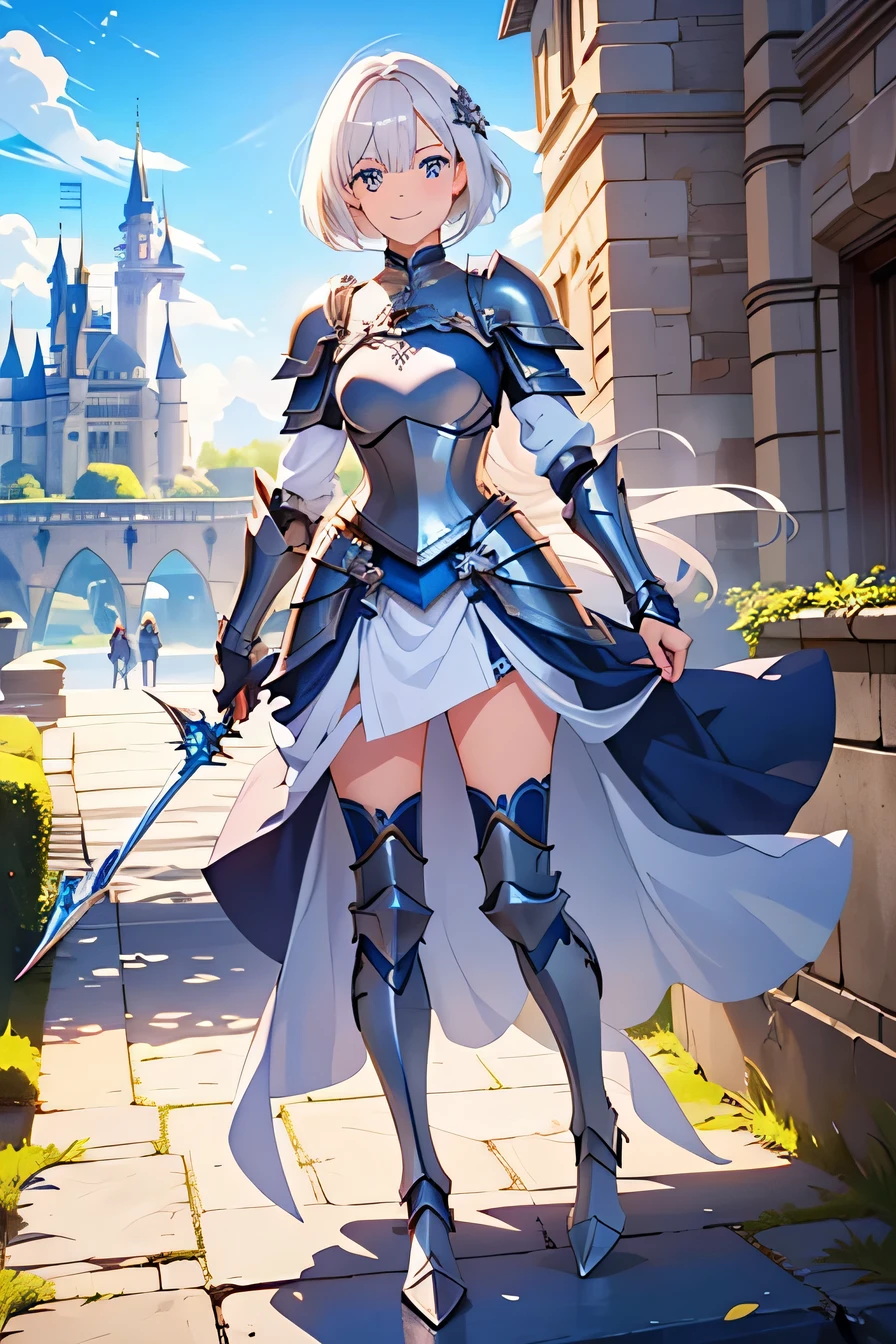 8K、highest quality、female knight、The background is a castle、Luxurious Silver Armor、heavy equipment、hairstyle short cut、smile、beautiful teeth、full body photo、ear piercing、white woman、blonde、blue eyes、Gummy Smile
