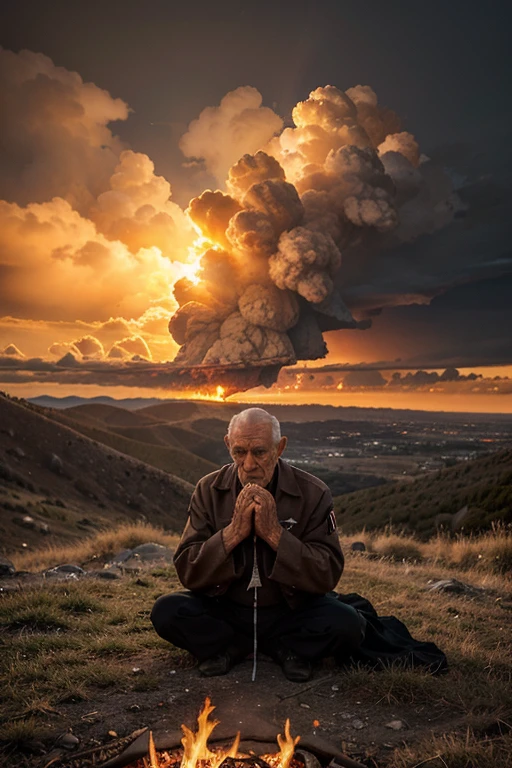 portrait of an elderly man from the time before Christ praying on top of a mountain, a sky with clouds of fire, fire falling from the sky