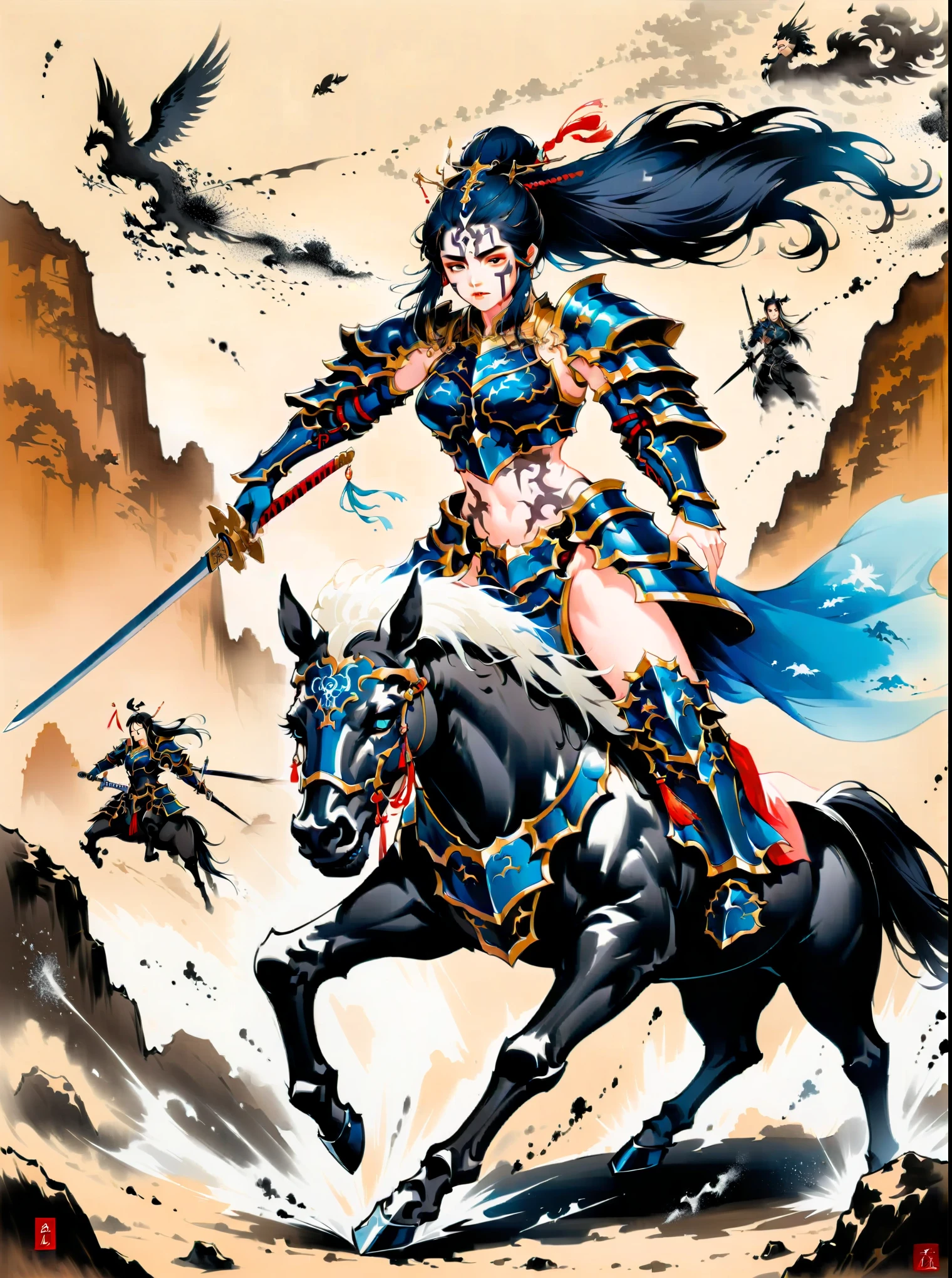 Ink painting，((imagine))，((whole body))，((Beautiful woman wearing dark blue Warring States armor)), (Anatomically correct and precise facial structure, detailed facial depiction, and delicate facial features)，on a black horse, 机械手臂握着长sword, A desert behind you，sword，Flying sand and rocks, Ink martial arts style,  (anatomically correct)，Ultra HD resolution，Freehand style，majestic，Natural light，(first-person view, masterpiece, ccurate, anatomically correct, high details, best quality, 8k)