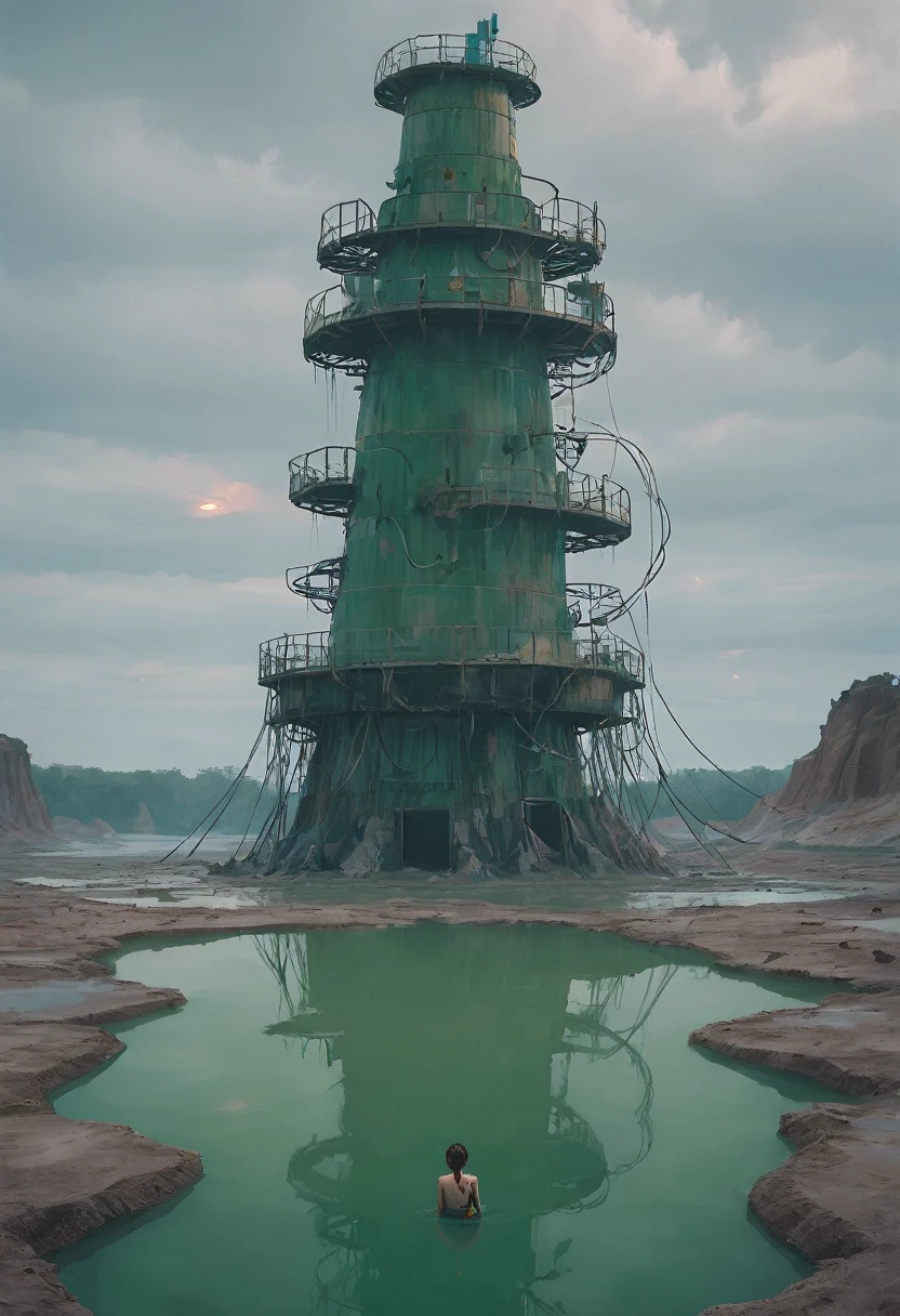ssta, dreamlikeart, A girl, a researcher at a petrochemical plant, sits atop a tower made of glass. She stands in the middle of a big and muddy lake filled with phlogon. The water beneath shows a dramatic green-colored river running through it. There are burning ropes and stones, splashing water, sunken city below. It feels like home. Cinematic lighting, Cinematic Movie Photograph, Arri Alexa, Extremely Detailed, smooth, very very clean, 8K, octane render, maya render, unreal engine, trending on artstation, DSLR, excellent composition, center frame