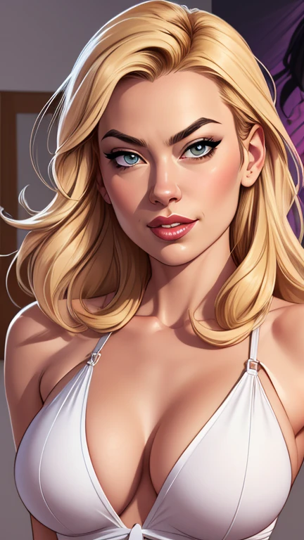Sensual secretary in Artline Yvonne Strahovski Cartoon style with portrait image from waist to head with medium to large breasts seductive eyes sensual lips style digital illustration 