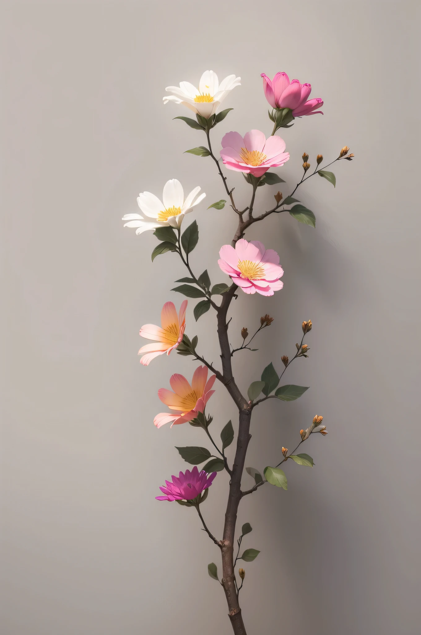 High quality colorful flowers blooming on rough branches on grey background,Simple light style background